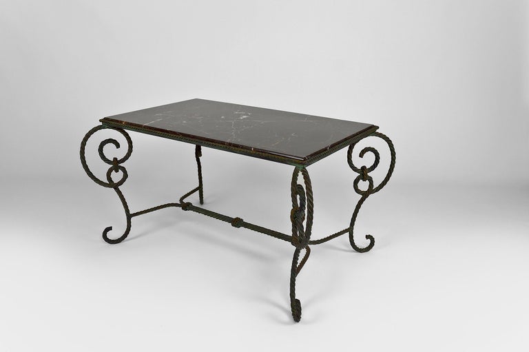 French Rectangular Art Deco Coffee Table in Wrought Iron and Black Marble, France, 1940 For Sale