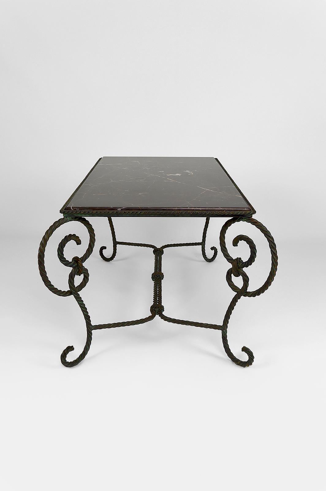 Patinated Rectangular Art Deco Coffee Table in Wrought Iron and Black Marble, France, 1940