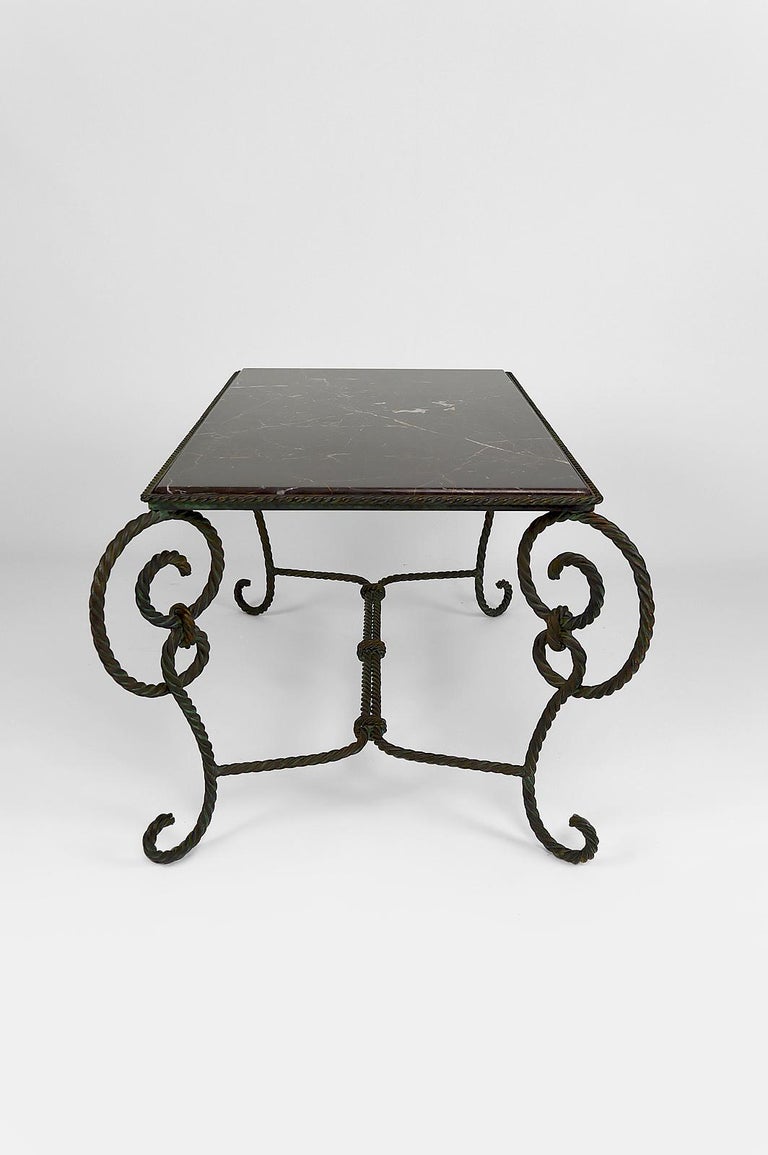 Patinated Rectangular Art Deco Coffee Table in Wrought Iron and Black Marble, France, 1940 For Sale