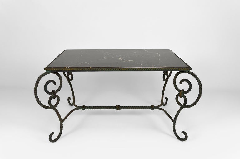 Mid-20th Century Rectangular Art Deco Coffee Table in Wrought Iron and Black Marble, France, 1940 For Sale