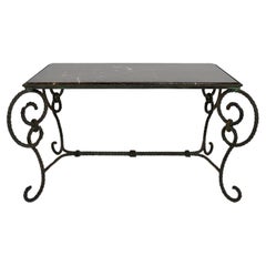 Rectangular Art Deco Coffee Table in Wrought Iron and Black Marble, France, 1940
