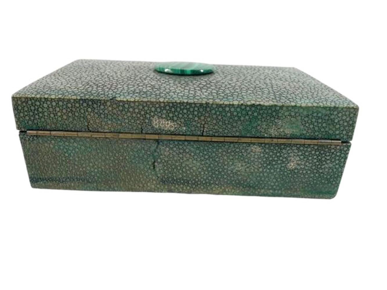 English Rectangular Art Deco Green Shagreen Box w/Oval Malachite Stone Centered on Lid For Sale