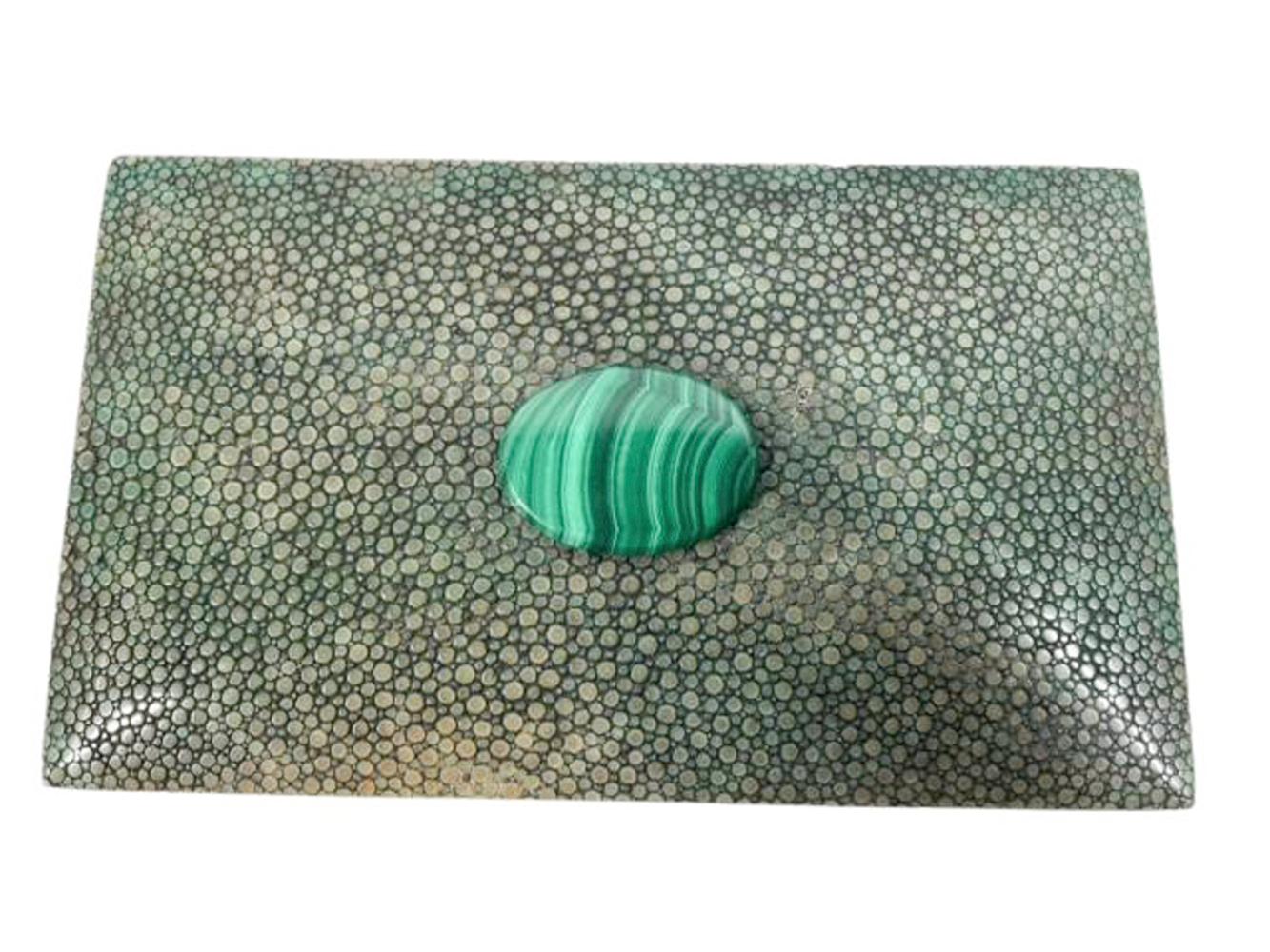 Rectangular Art Deco Green Shagreen Box w/Oval Malachite Stone Centered on Lid In Good Condition For Sale In Chapel Hill, NC