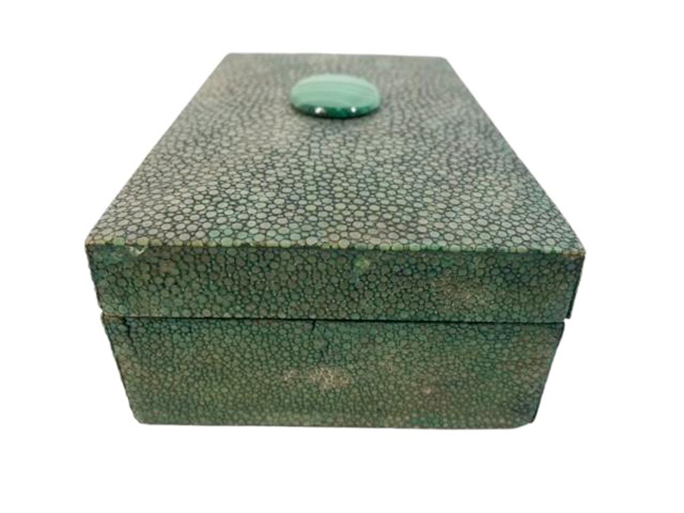 20th Century Rectangular Art Deco Green Shagreen Box w/Oval Malachite Stone Centered on Lid For Sale