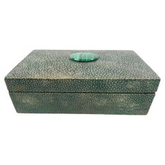 Rectangular Art Deco Green Shagreen Box w/Oval Malachite Stone Centered on Lid