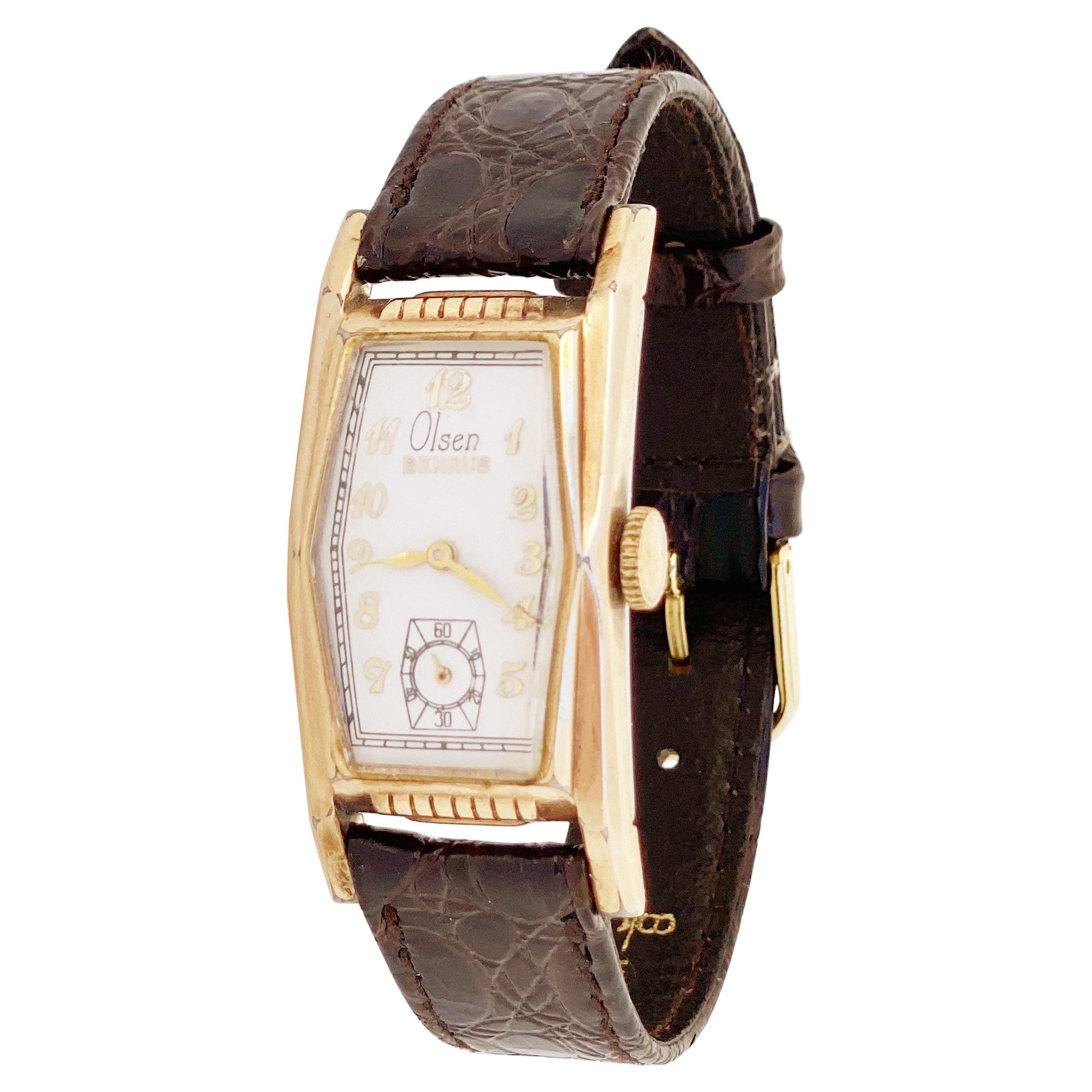 Rectangular Art Deco Style "Olsen" Watch with Leather Strap by Benrus, 1930s For Sale