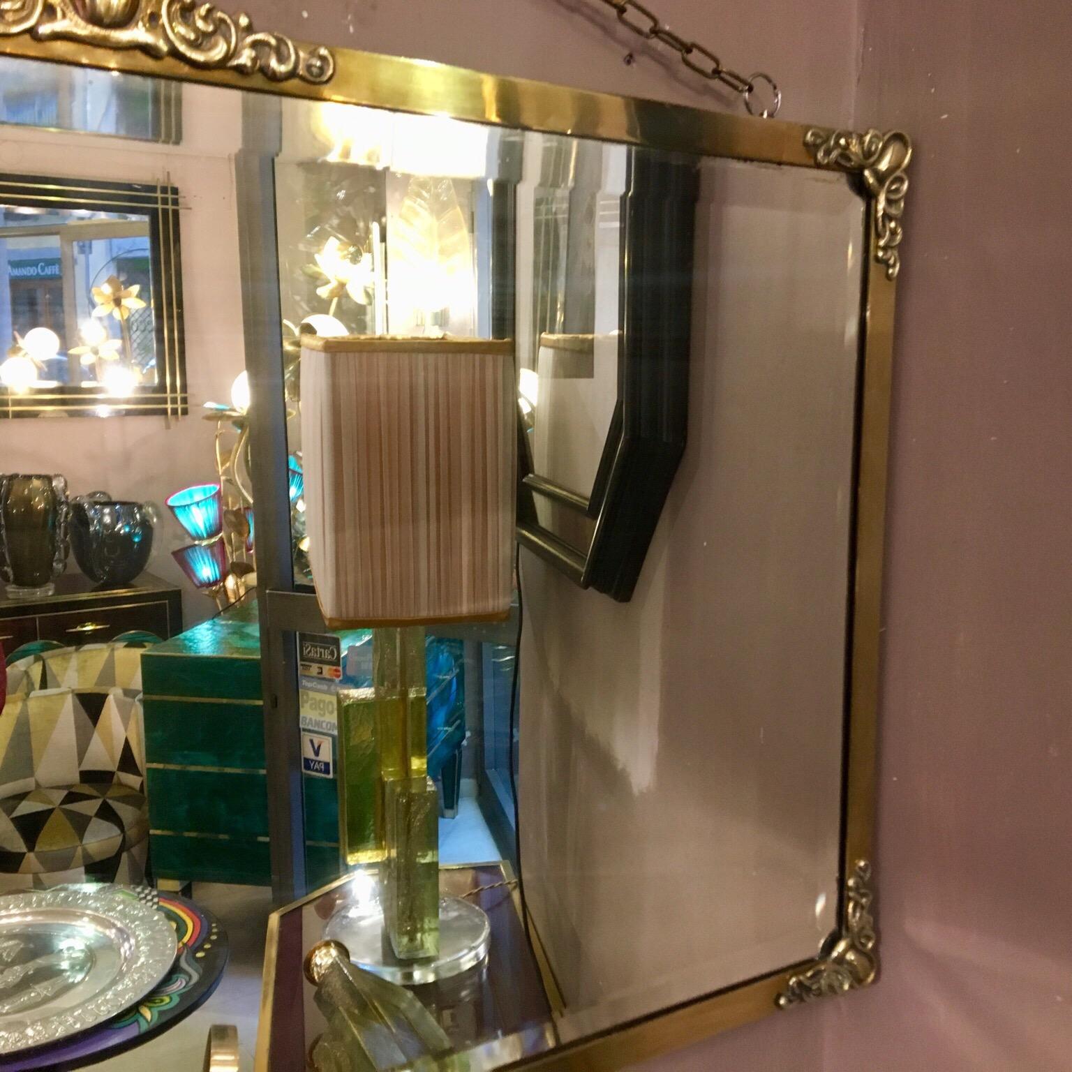 Rectangular Art Nouveau Mirror with Brass Frame and Friezes, Early 1900 In Good Condition In Florence, IT