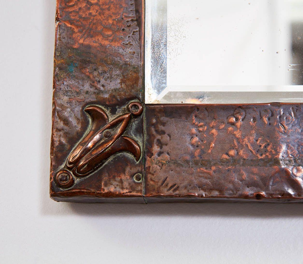Hammered Rectangular Arts and Crafts Fleur-de-lys Copper Mirror For Sale