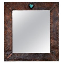 Antique Rectangular Arts & Crafts Copper Mirror with Heart Cabuchon