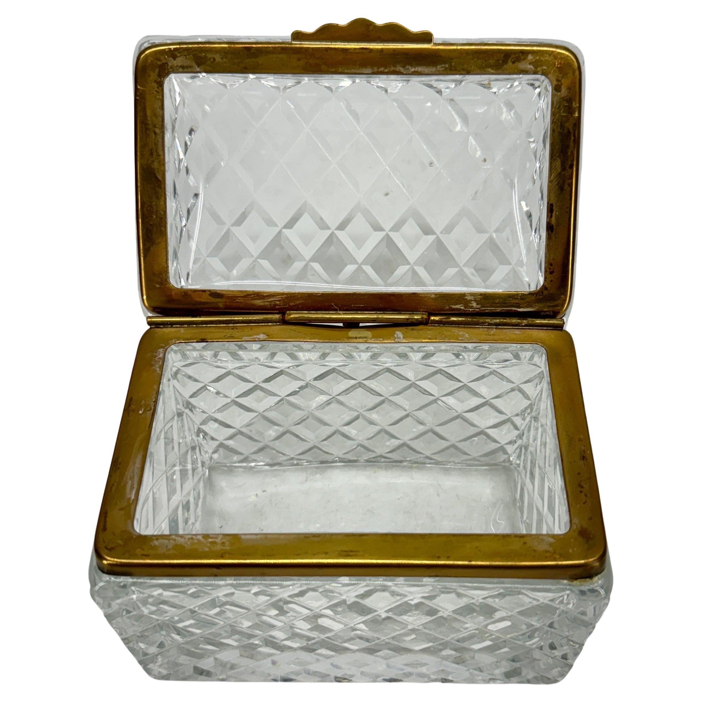 Rectangular Baccarat Style Cut Crystal Lidded Box with Brass Hardware For Sale 4