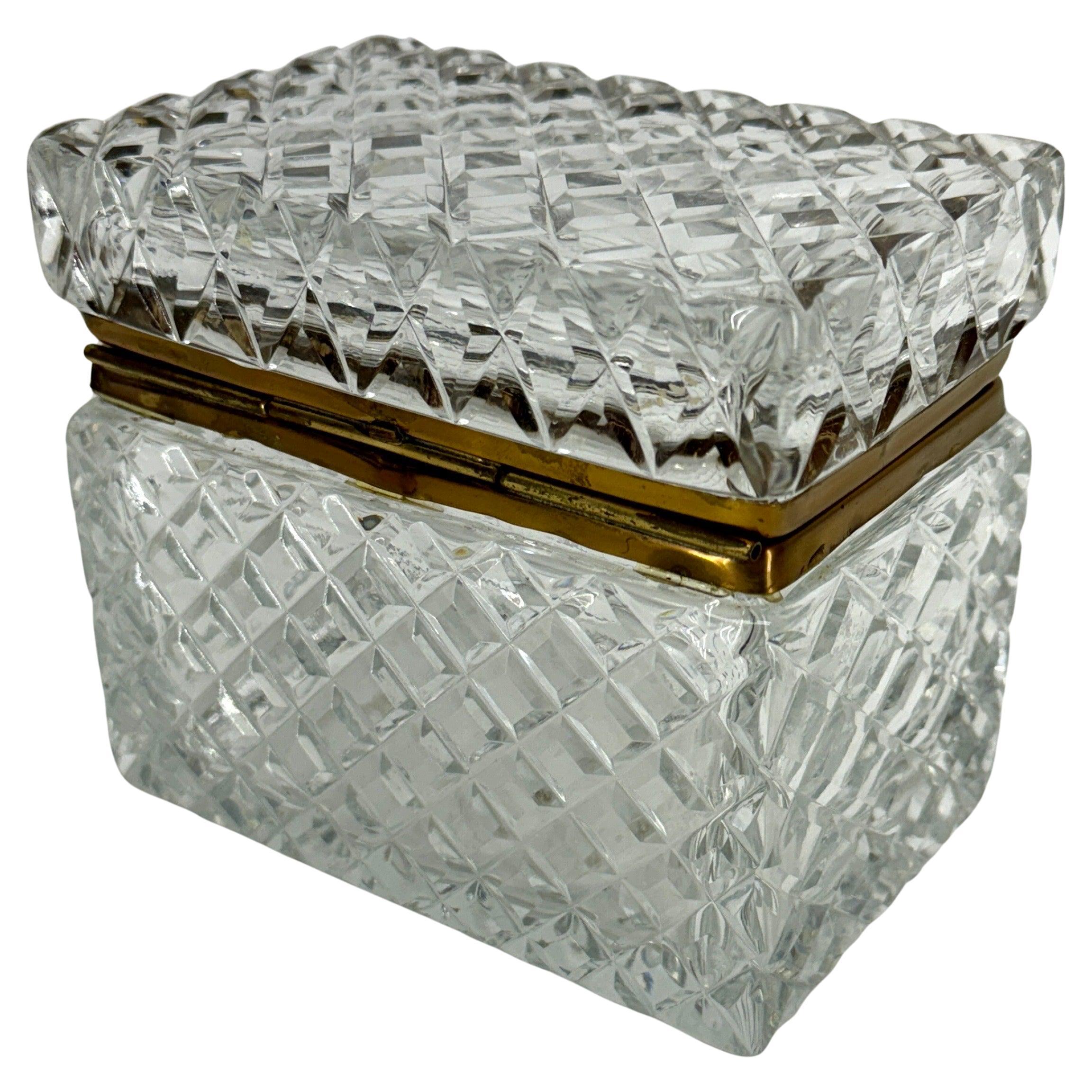 Hand-Crafted Rectangular Baccarat Style Cut Crystal Lidded Box with Brass Hardware For Sale