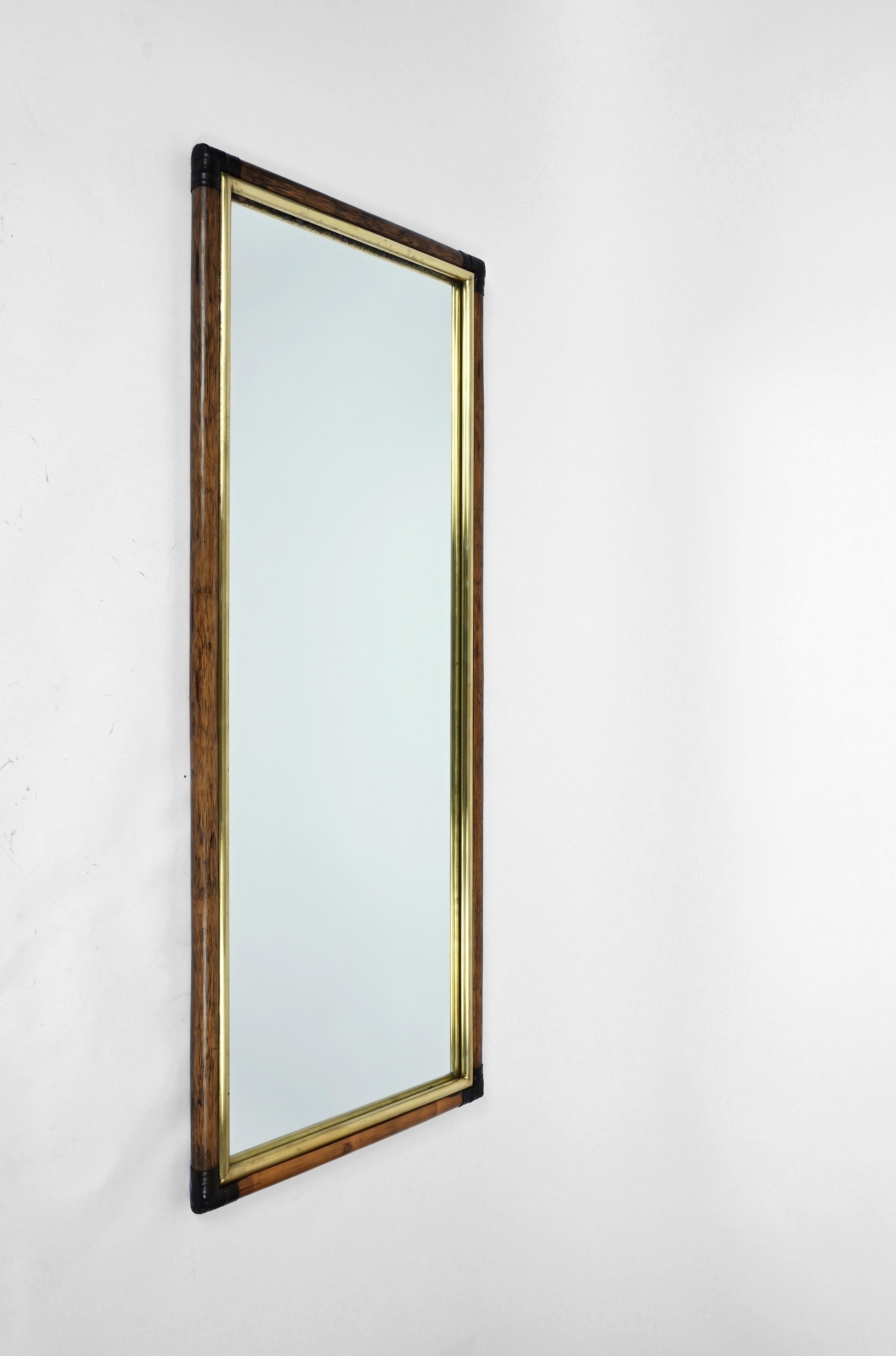 Rectangular Bamboo Cane, Brown Leather and Brass Italian Wall Mirror, 1970s 5