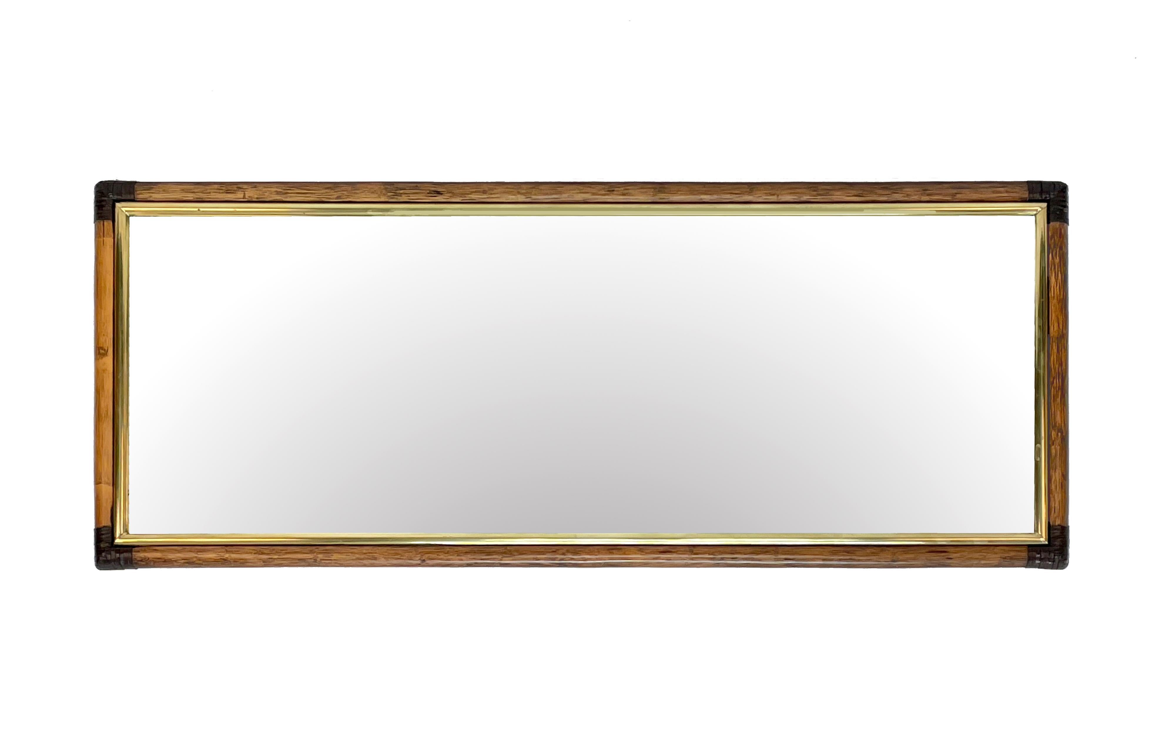 Rectangular Bamboo Cane, Brown Leather and Brass Italian Wall Mirror, 1970s 6