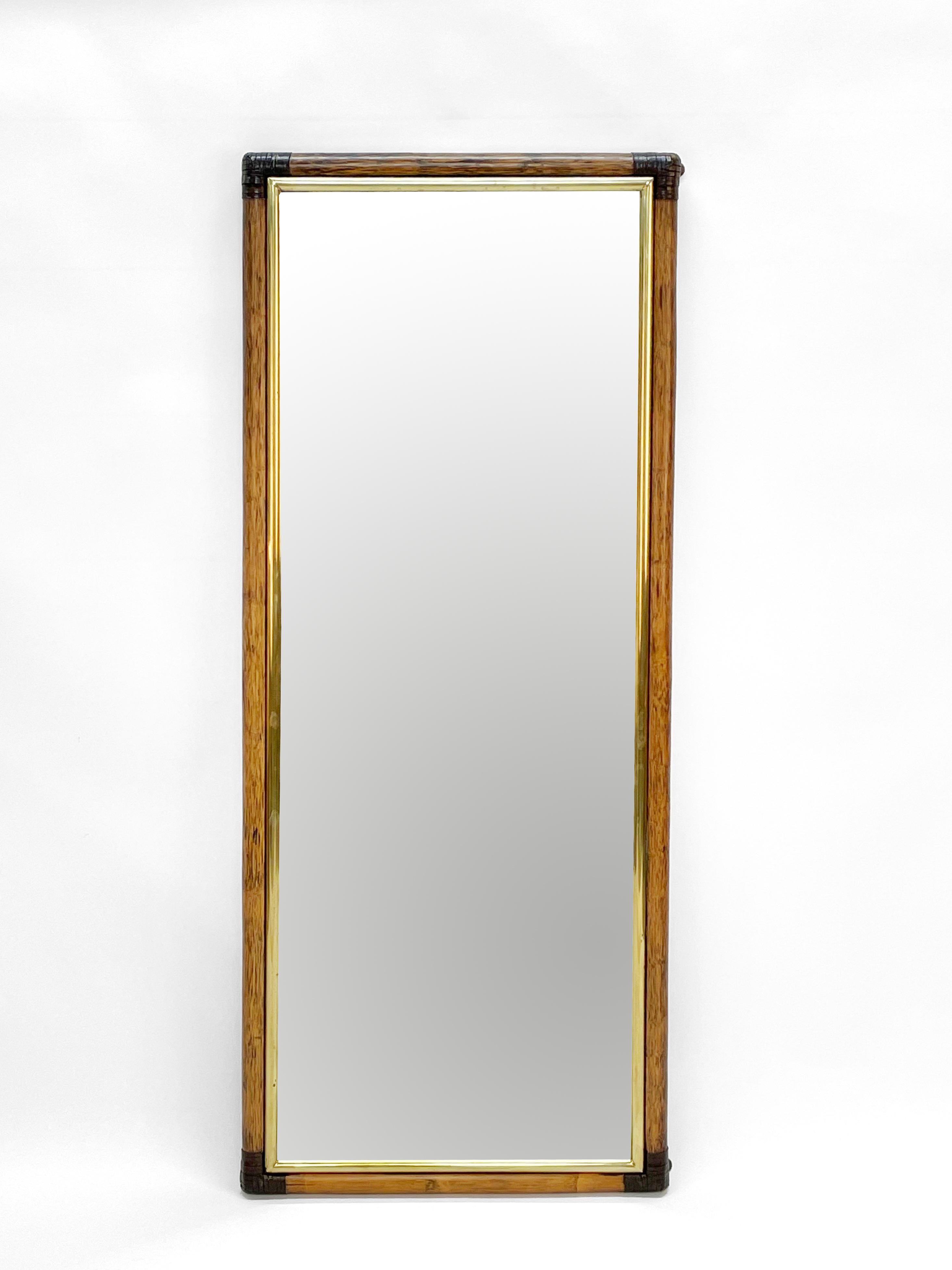 Rectangular Bamboo Cane, Brown Leather and Brass Italian Wall Mirror, 1970s 7