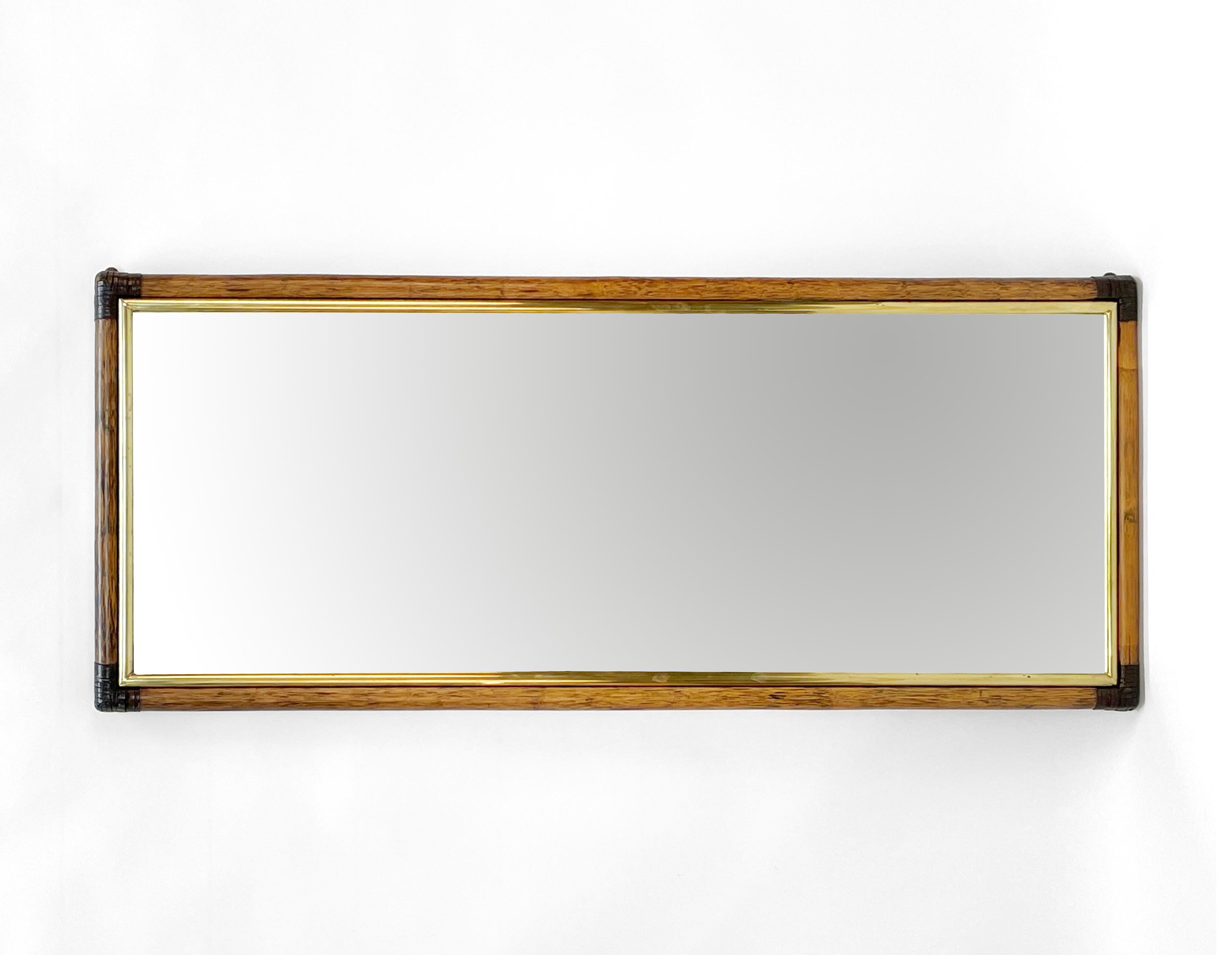 Rectangular Bamboo Cane, Brown Leather and Brass Italian Wall Mirror, 1970s 9