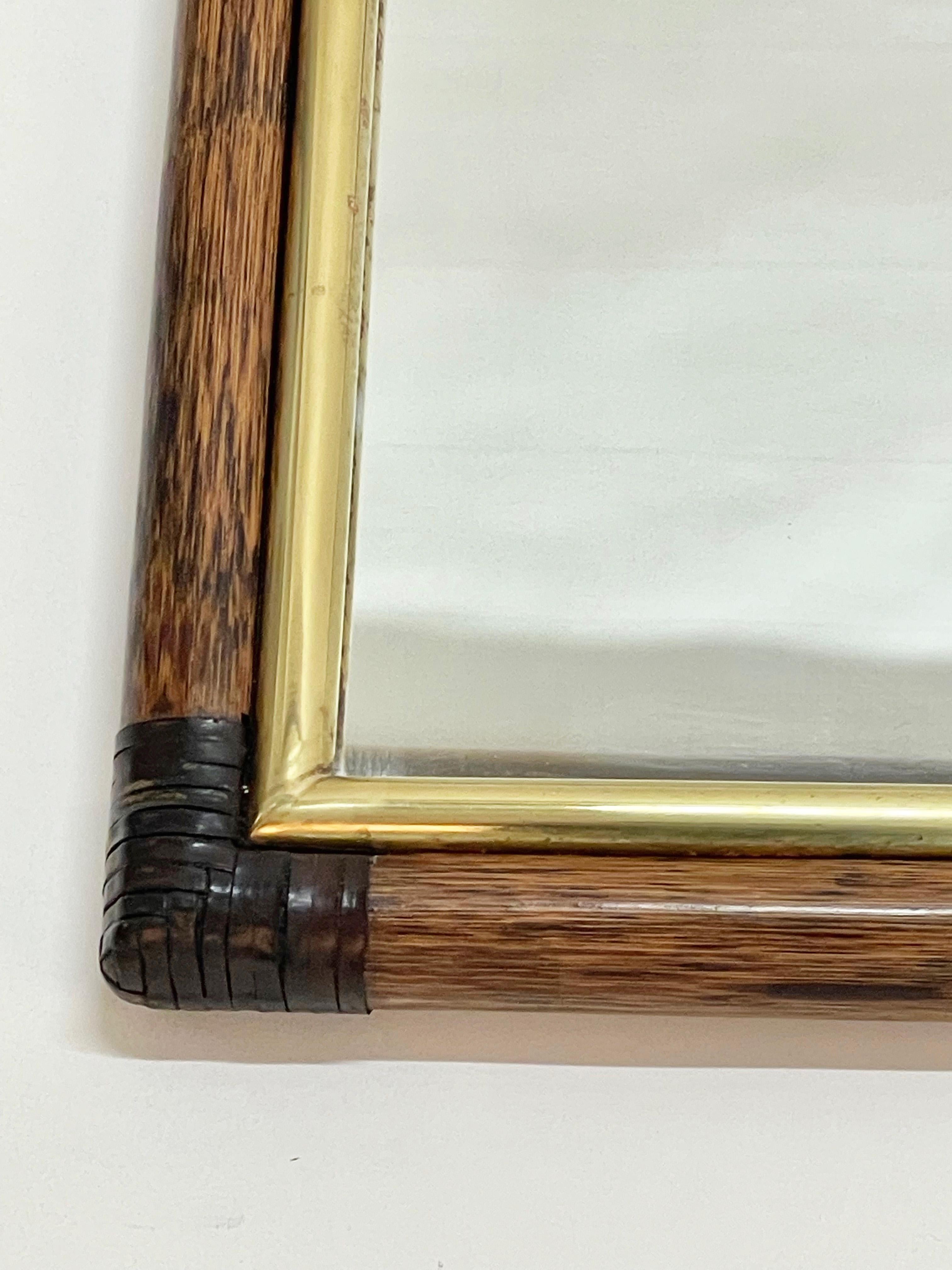 Rectangular Bamboo Cane, Brown Leather and Brass Italian Wall Mirror, 1970s 10