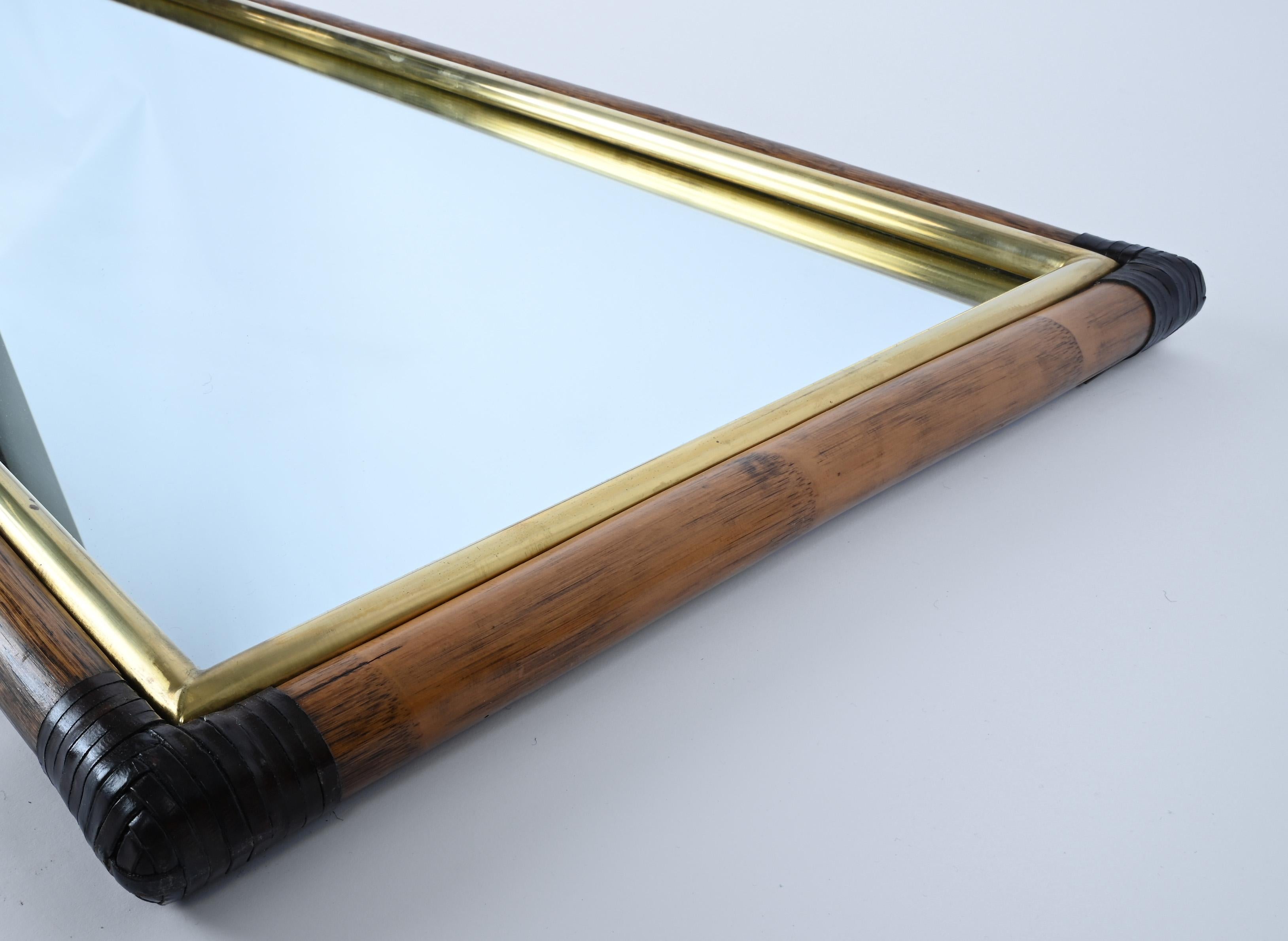 Rectangular Bamboo Cane, Brown Leather and Brass Italian Wall Mirror, 1970s 11