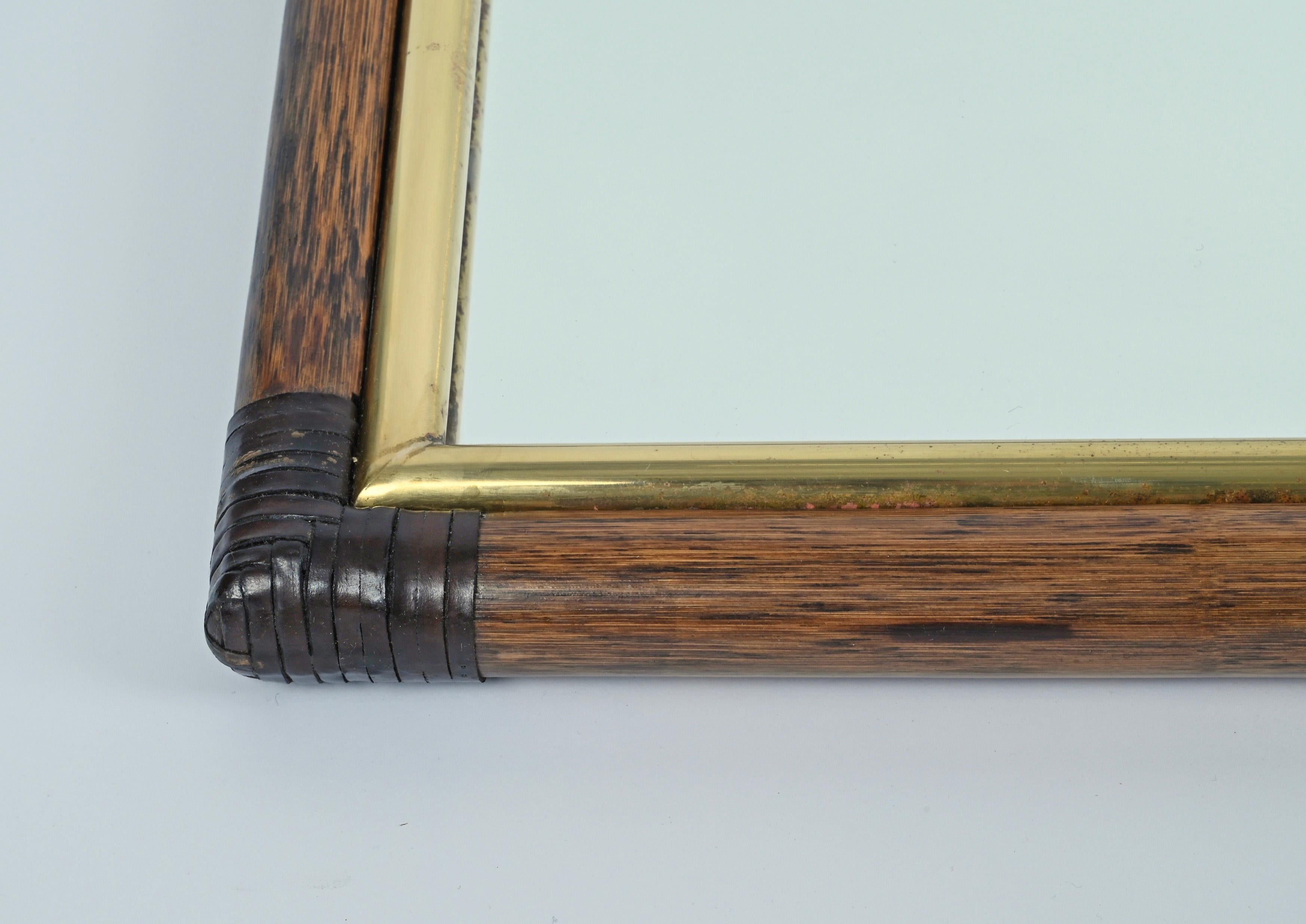 Rectangular Bamboo Cane, Brown Leather and Brass Italian Wall Mirror, 1970s 13