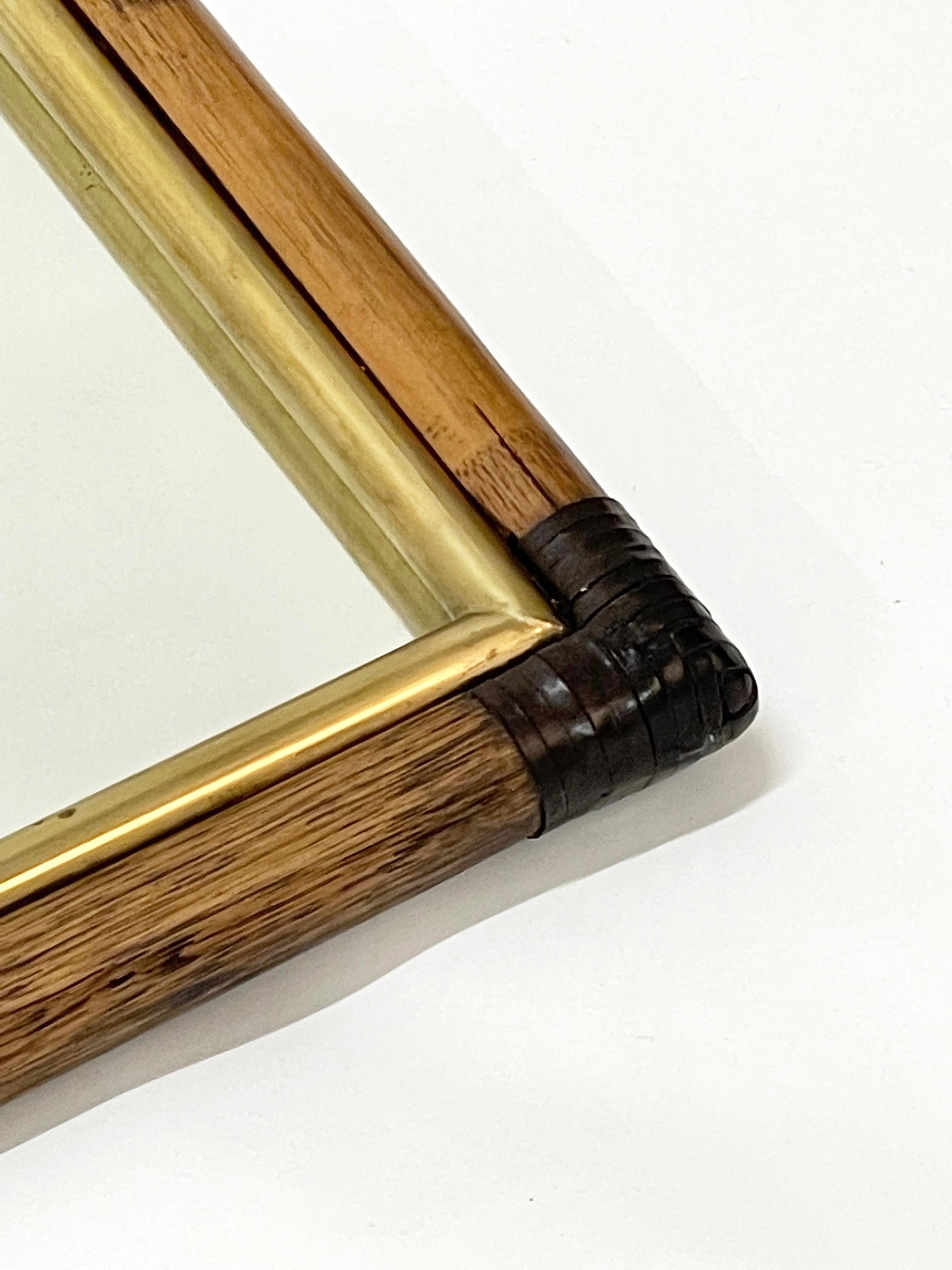 Rectangular Bamboo Cane, Brown Leather and Brass Italian Wall Mirror, 1970s 14