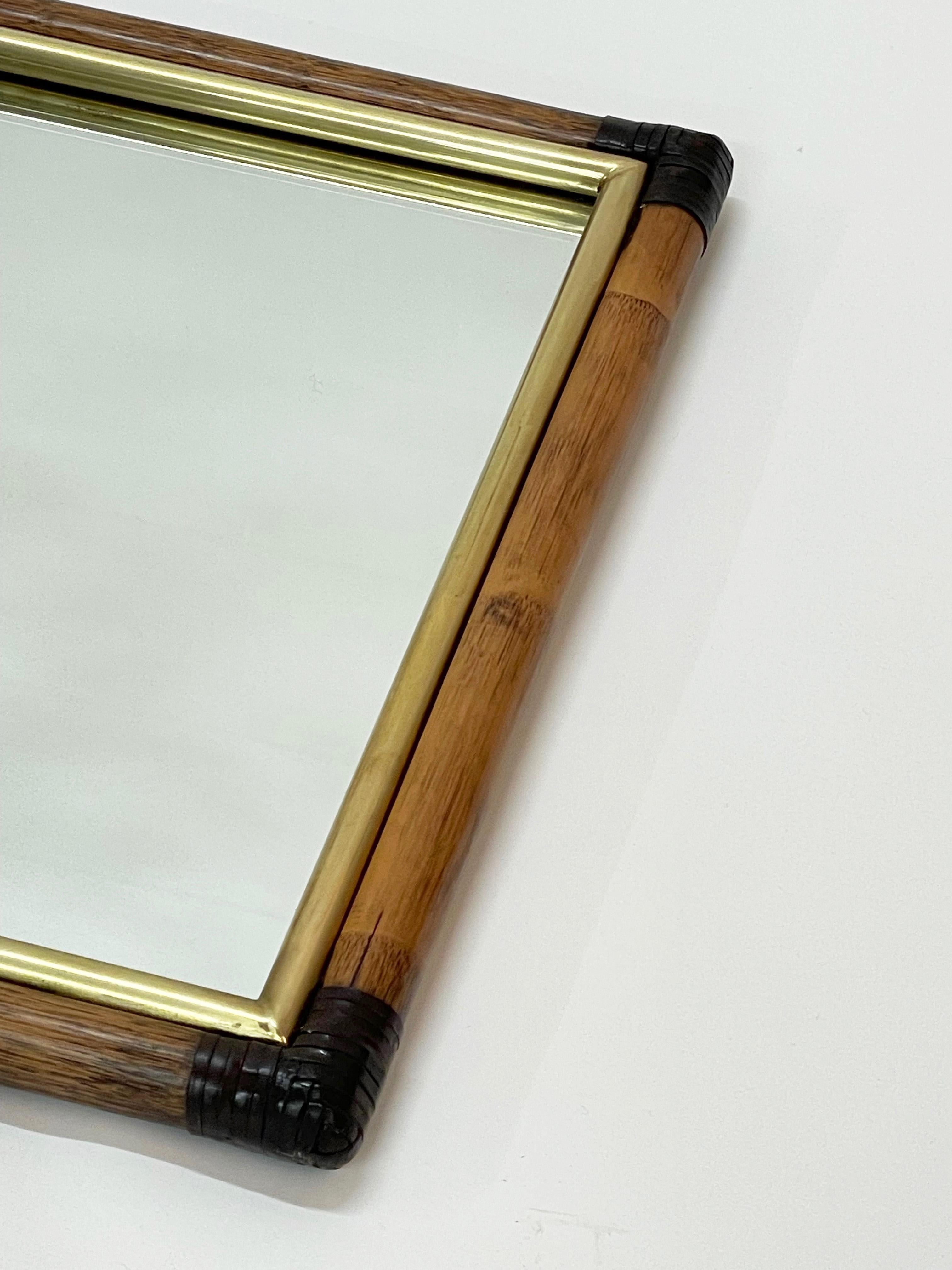 Rectangular Bamboo Cane, Brown Leather and Brass Italian Wall Mirror, 1970s 15