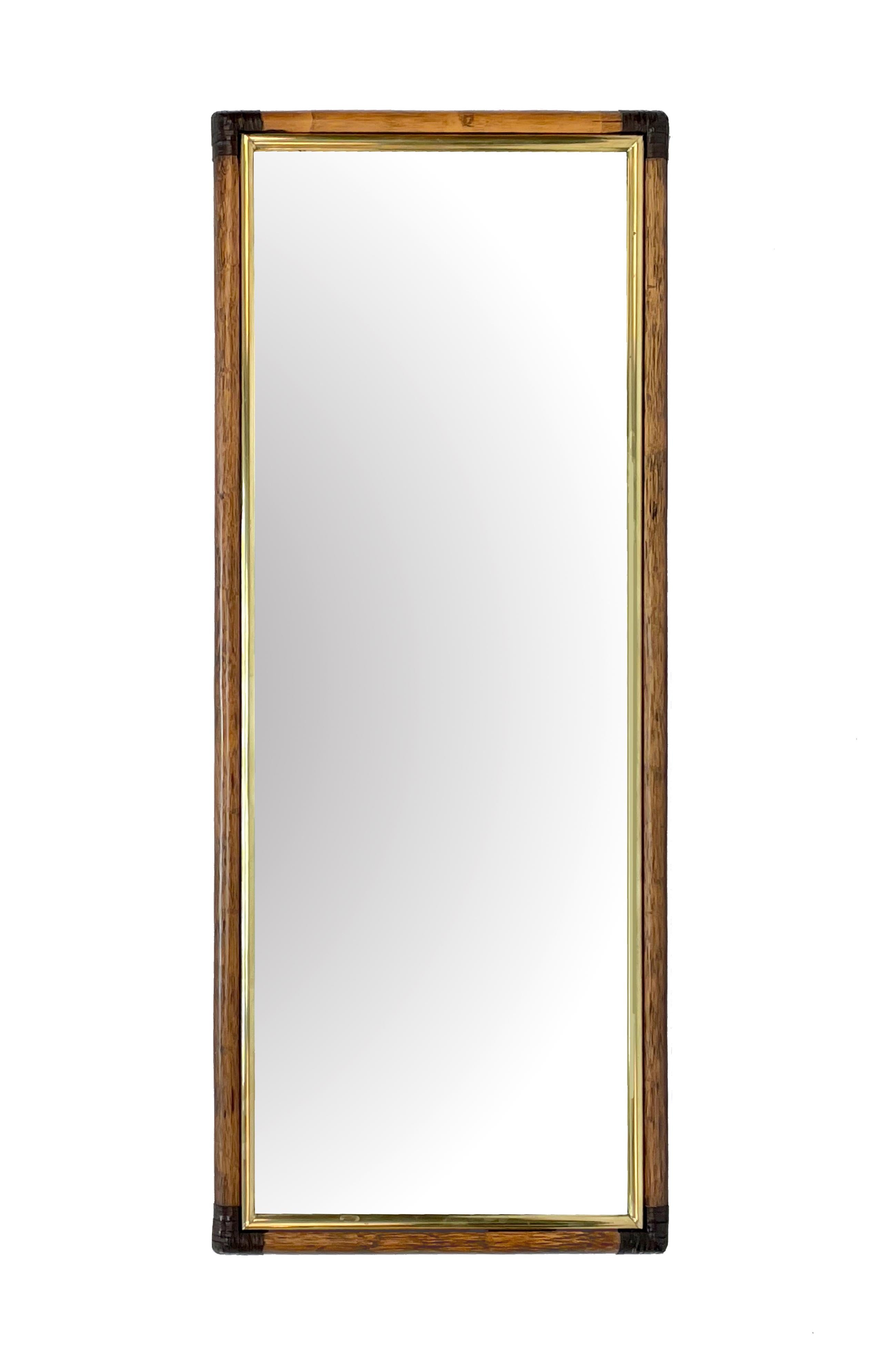 Mid-Century Modern Rectangular Bamboo Cane, Brown Leather and Brass Italian Wall Mirror, 1970s