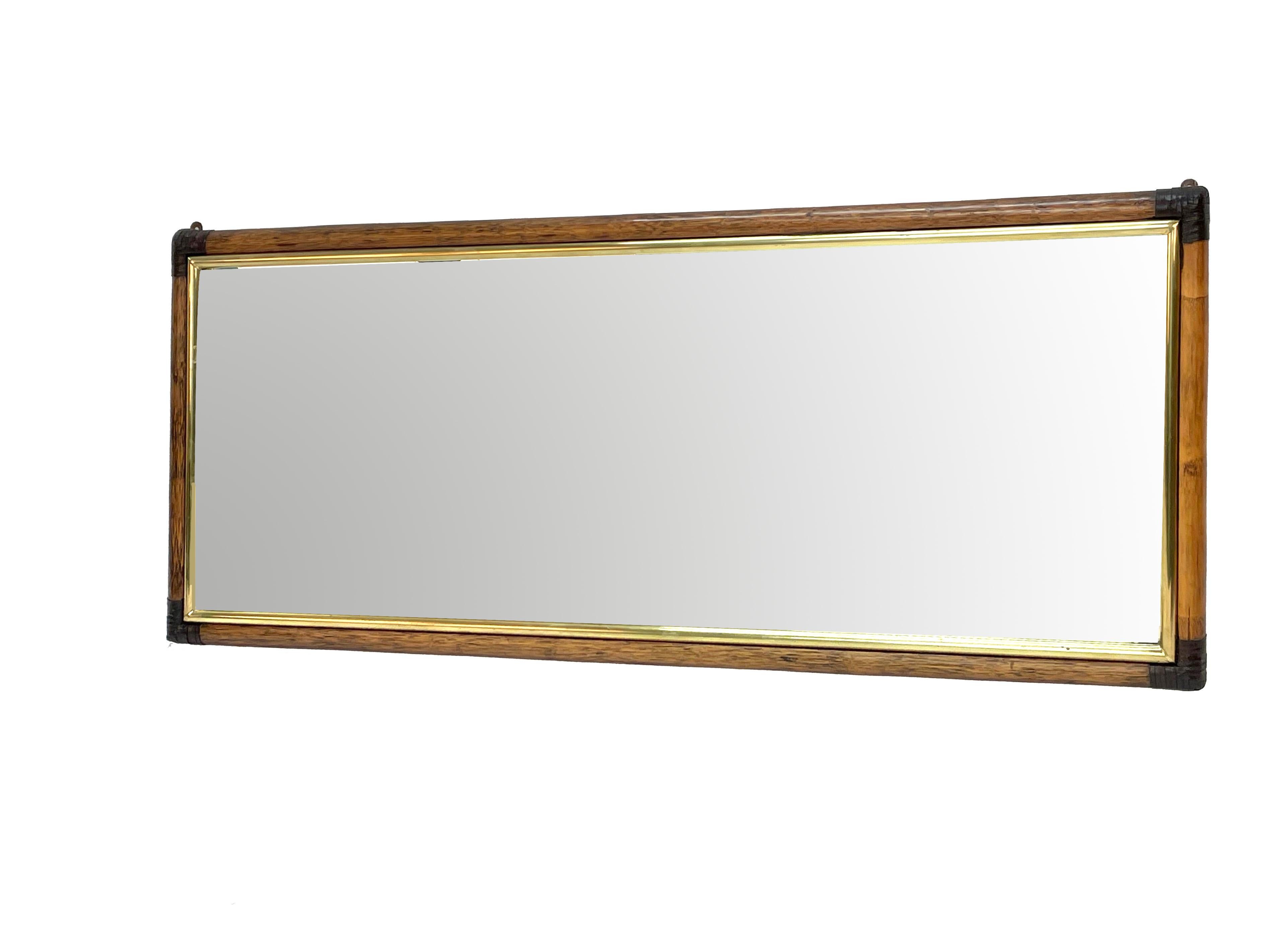 20th Century Rectangular Bamboo Cane, Brown Leather and Brass Italian Wall Mirror, 1970s