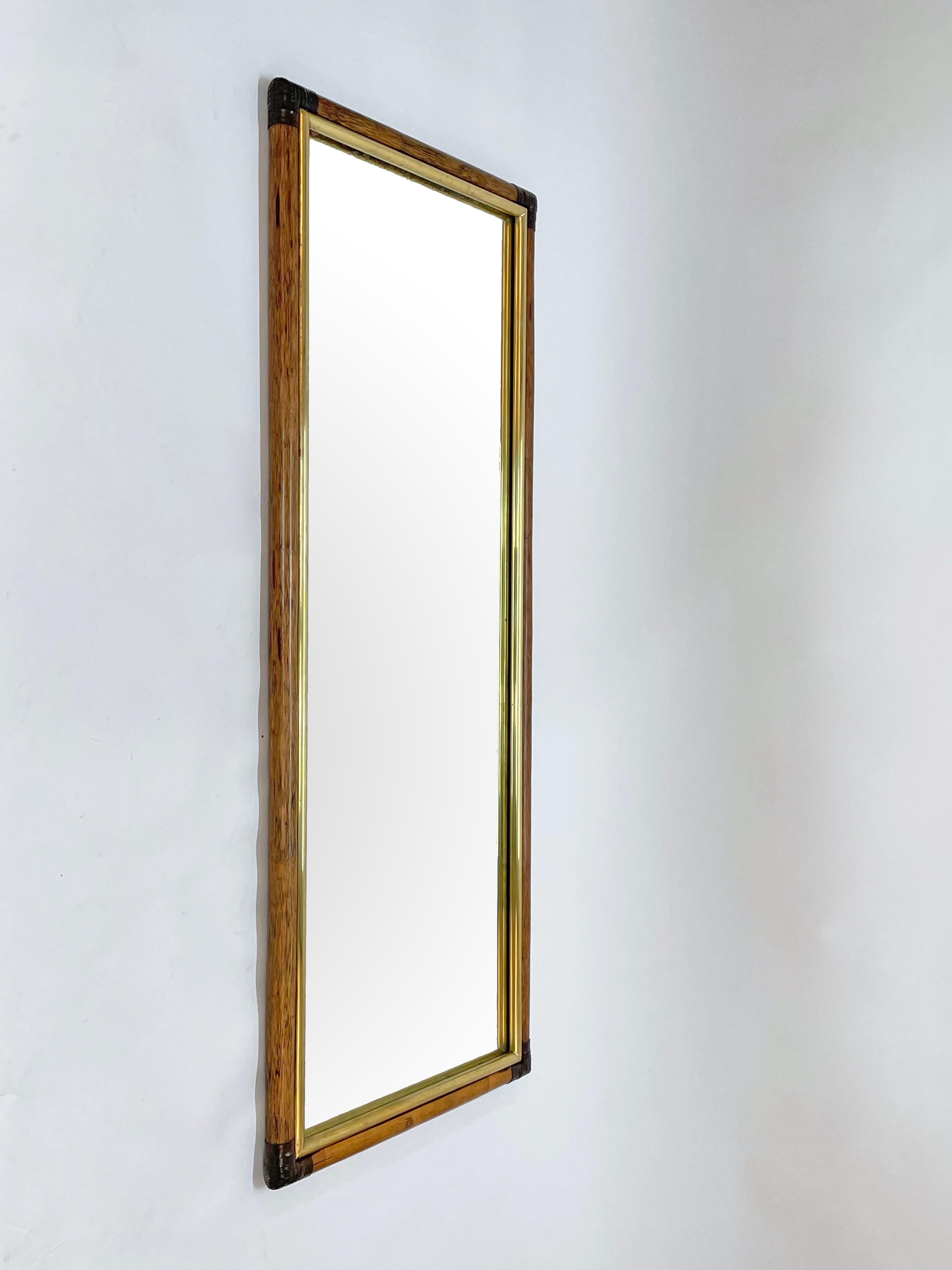 Rectangular Bamboo Cane, Brown Leather and Brass Italian Wall Mirror, 1970s 1