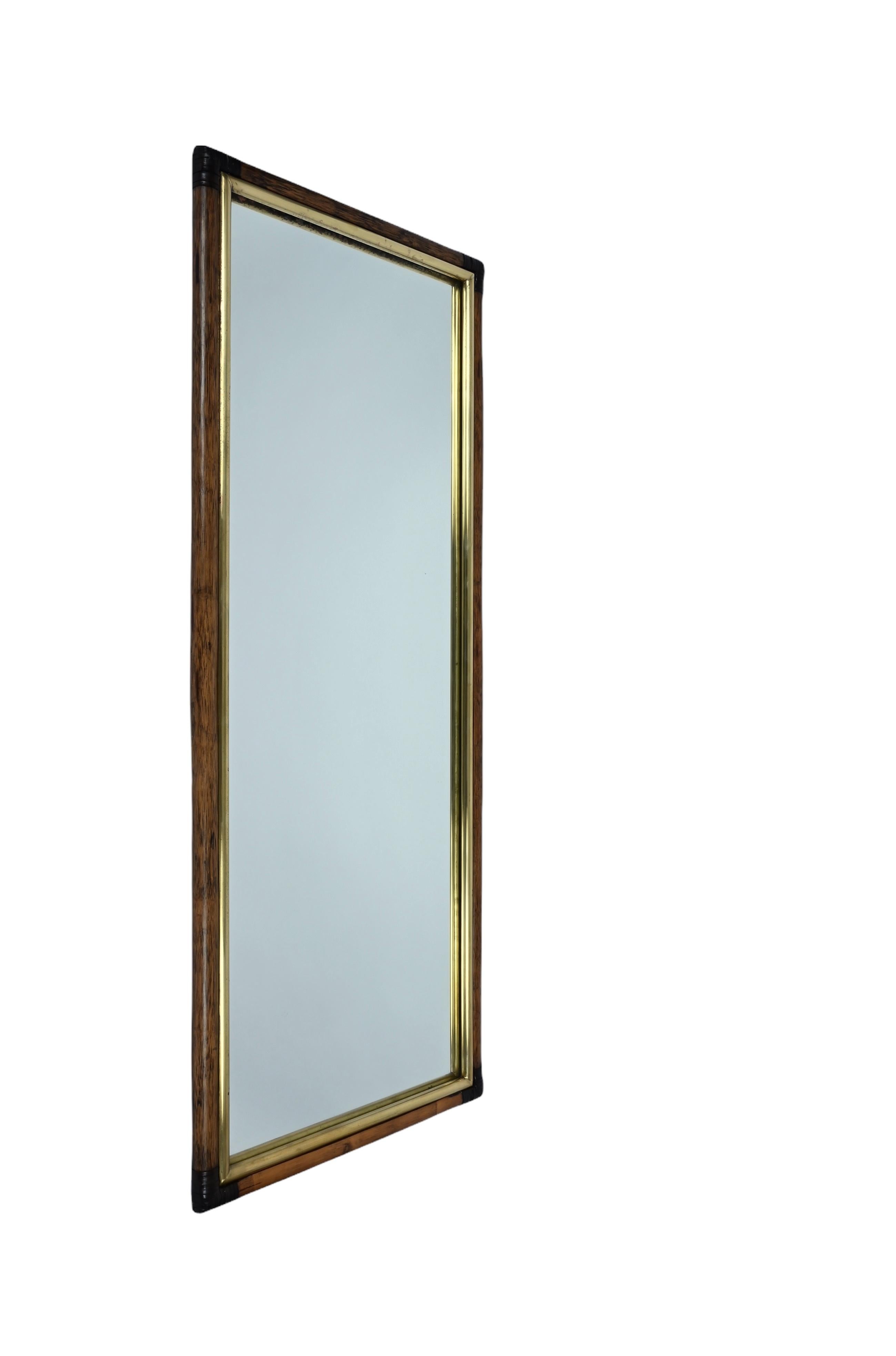 Rectangular Bamboo Cane, Brown Leather and Brass Italian Wall Mirror, 1970s 2