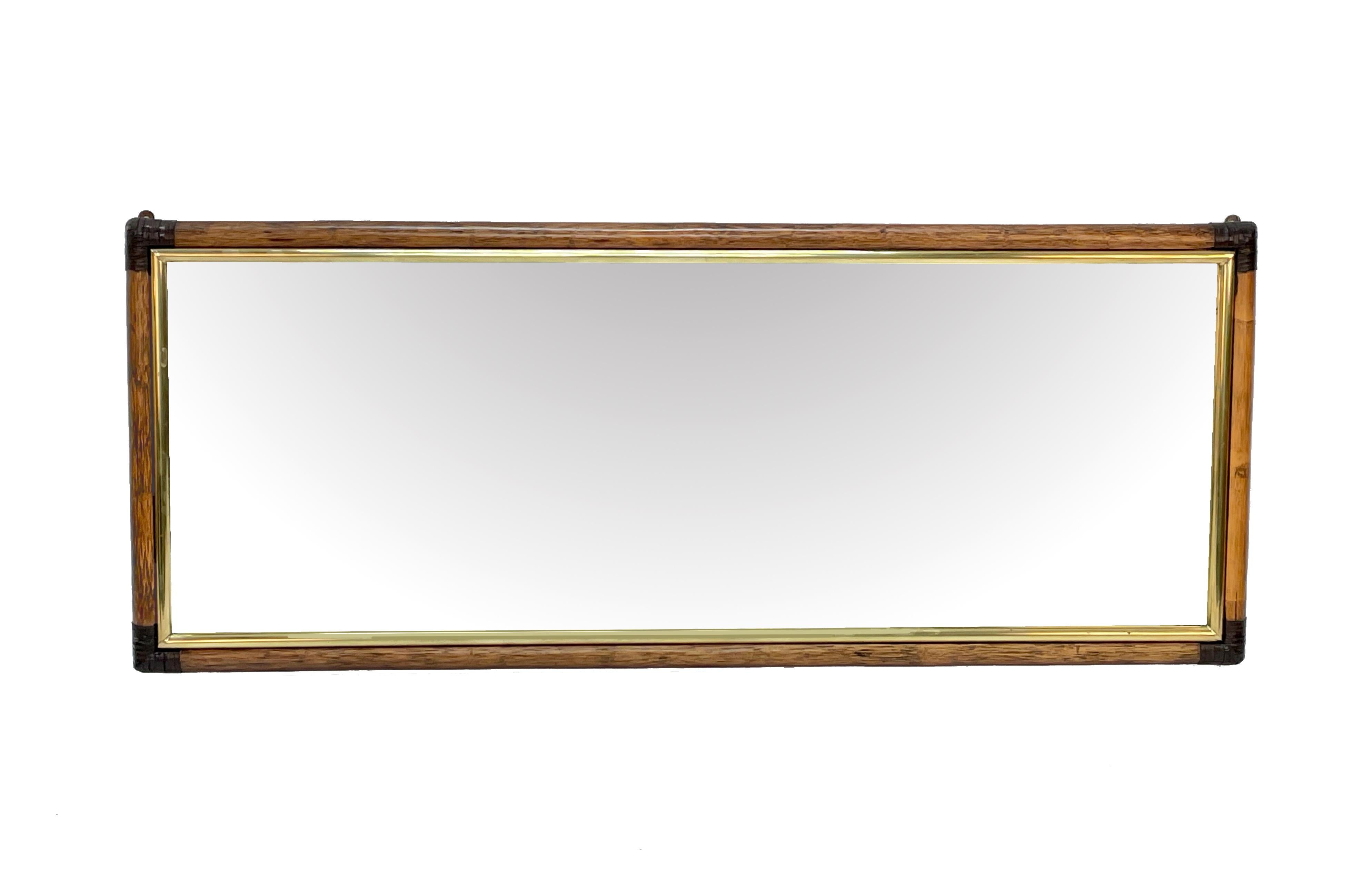 Rectangular Bamboo Cane, Brown Leather and Brass Italian Wall Mirror, 1970s 3