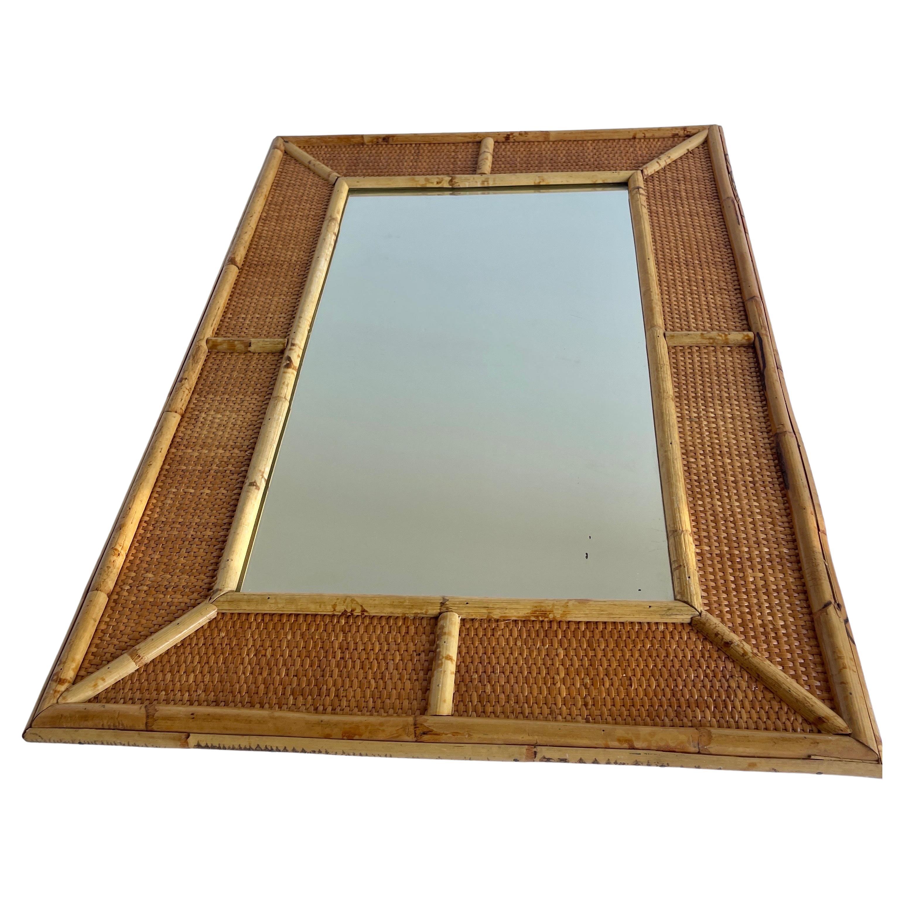 Rectangular Bamboo Frame and Wicker Veneer Wall Mirror, Spain 1970-1980 ...