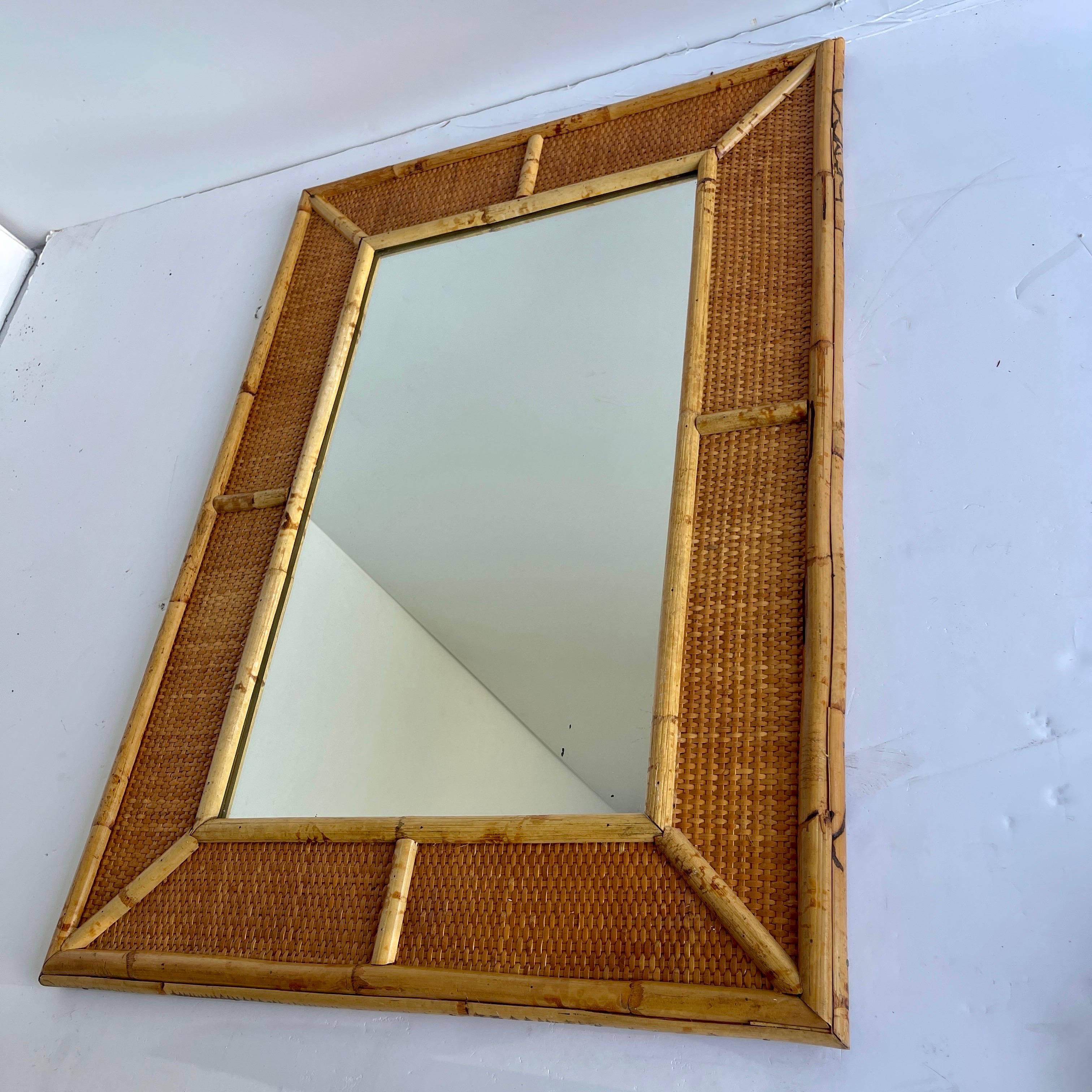 Rectangular Bamboo Frame and Wicker Veneer Wall Mirror, Spain 1970-1980 ...