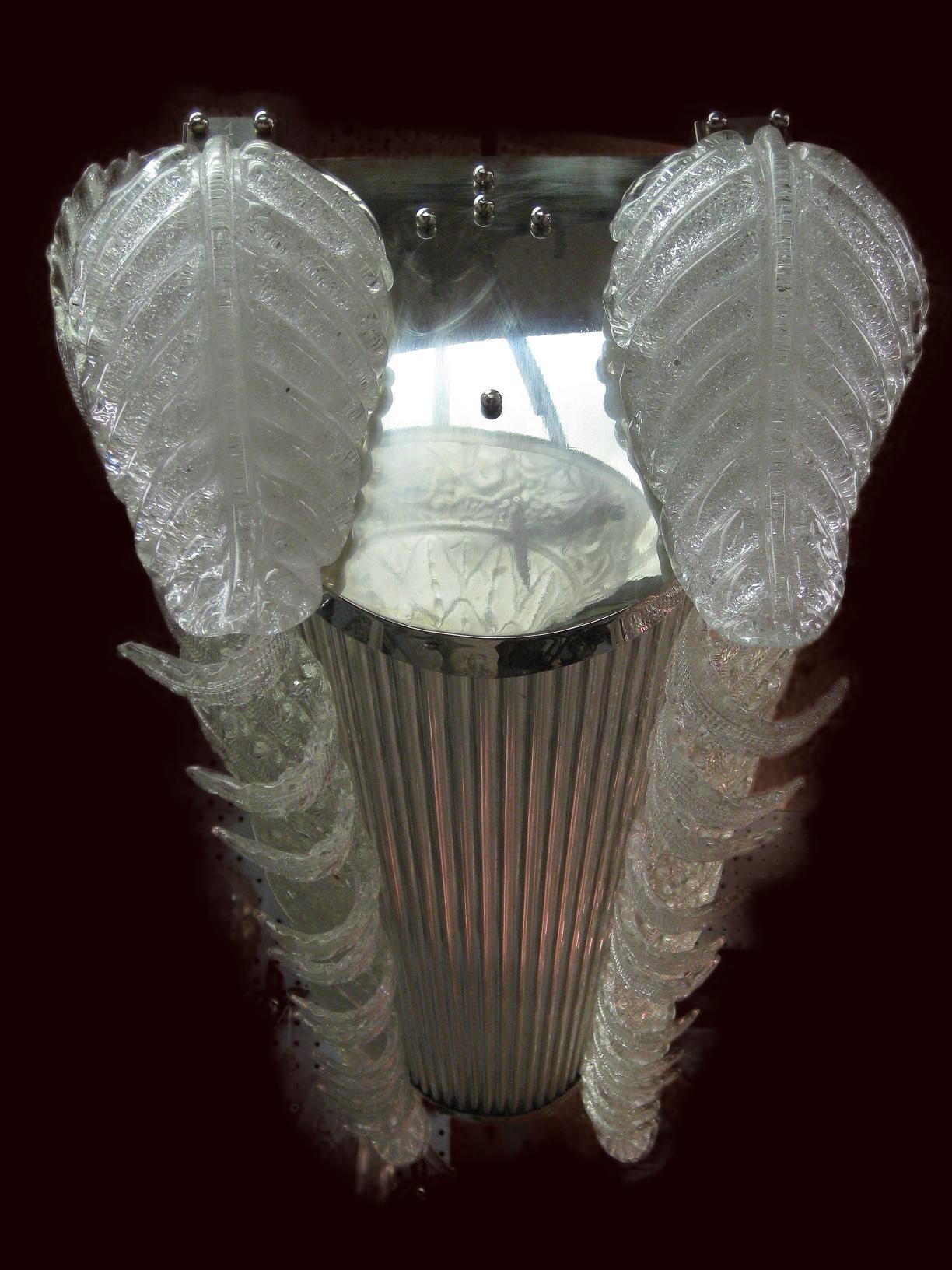 Italian Rectangular Barovier e Toso Hand Blown, Frosted Glass Leaf Chandelier