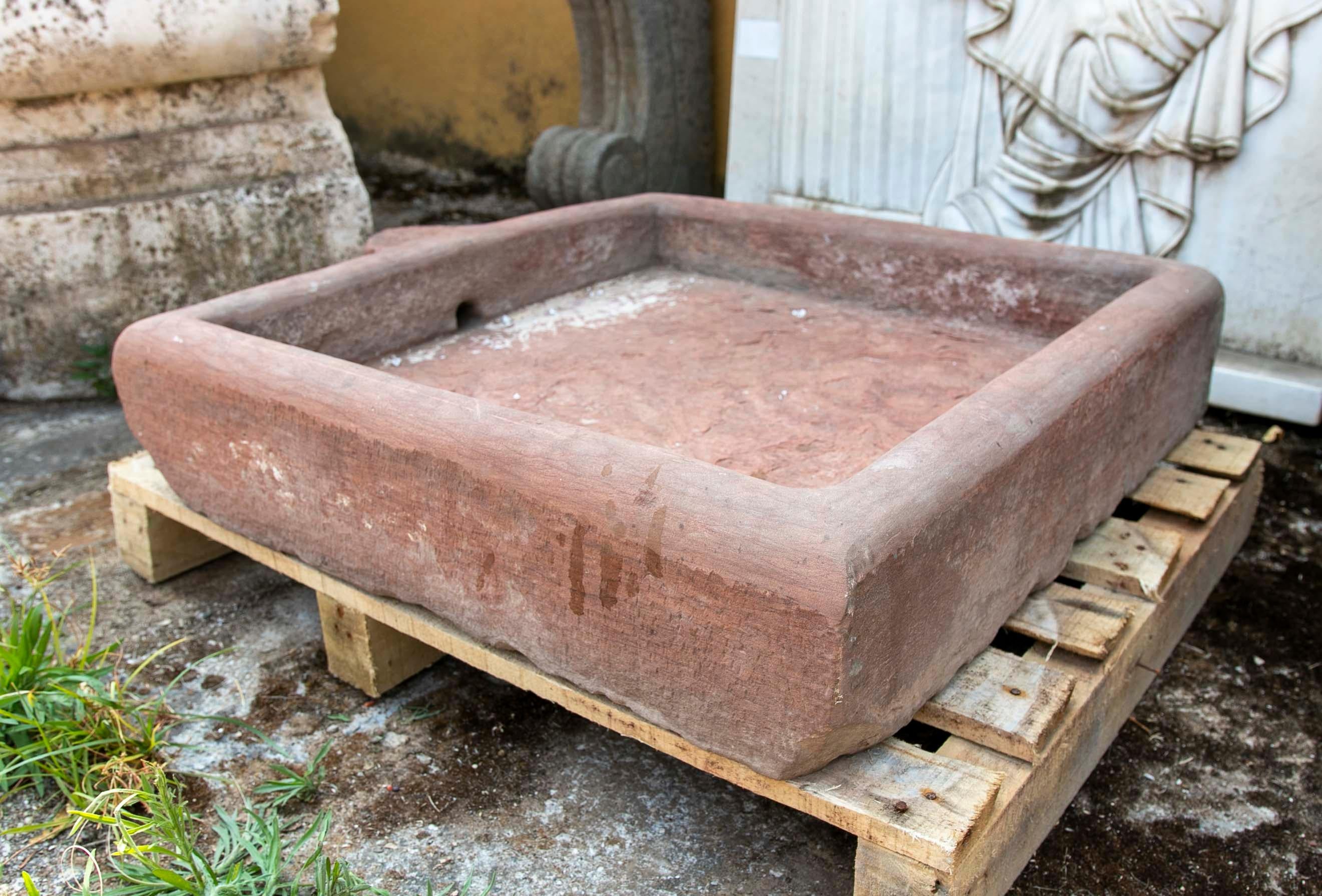 Rectangular Basin with Hand-Carved Red Stone Spout For Sale 3