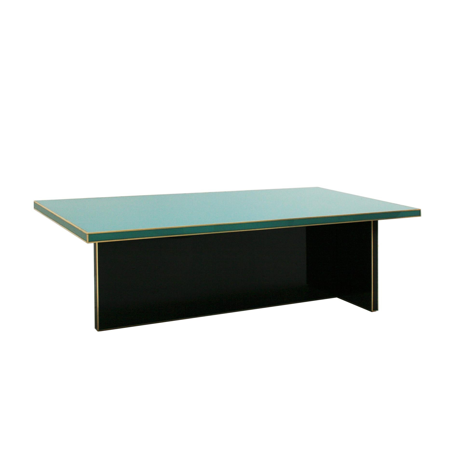 Rectangular coffee table designed and produced by L.A. Studio made of solid wood structure coated with black and blue Murano glass. Dimensions can be modified.