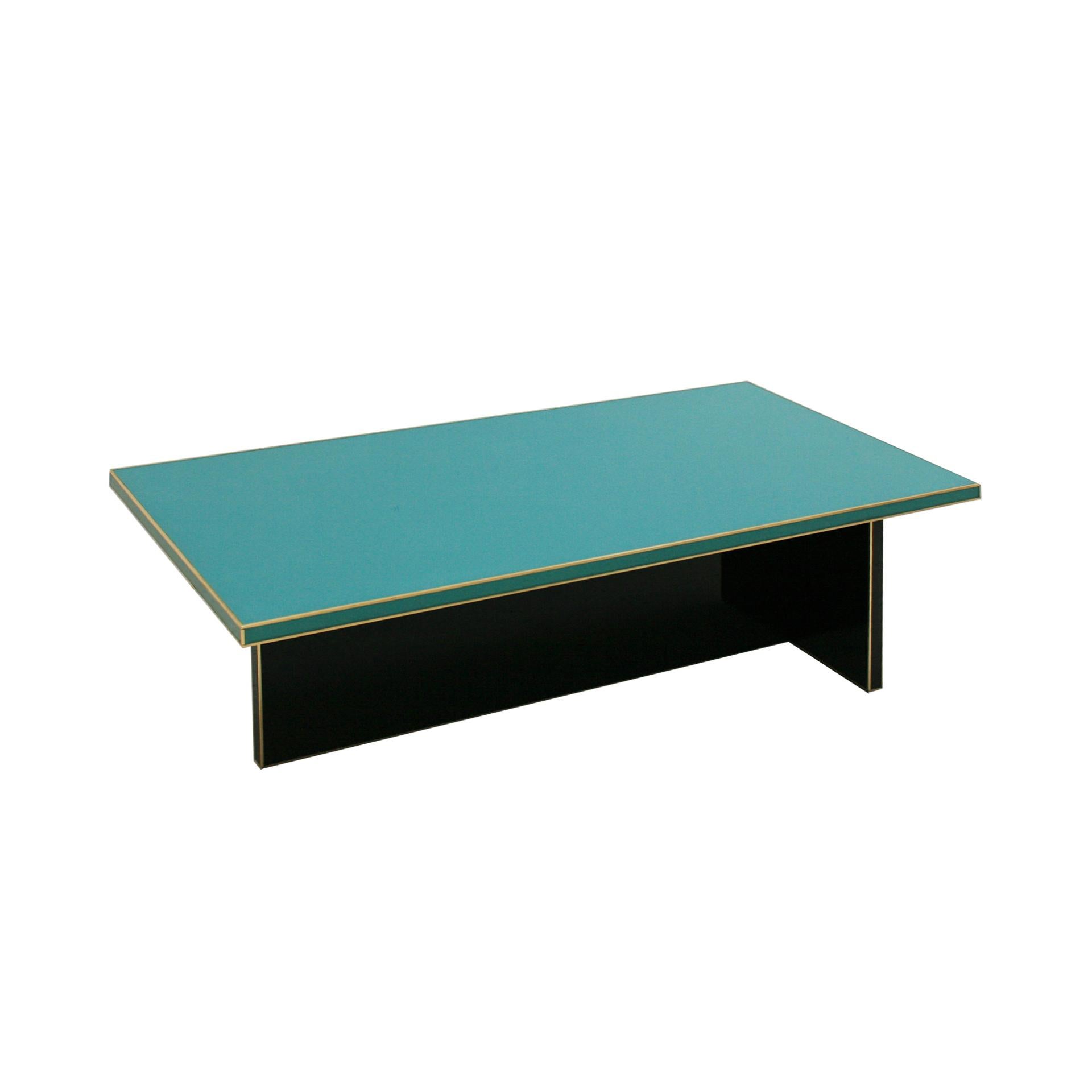 Mid-Century Modern Rectangular Black and Blue Crystal and Brass Coffee Table