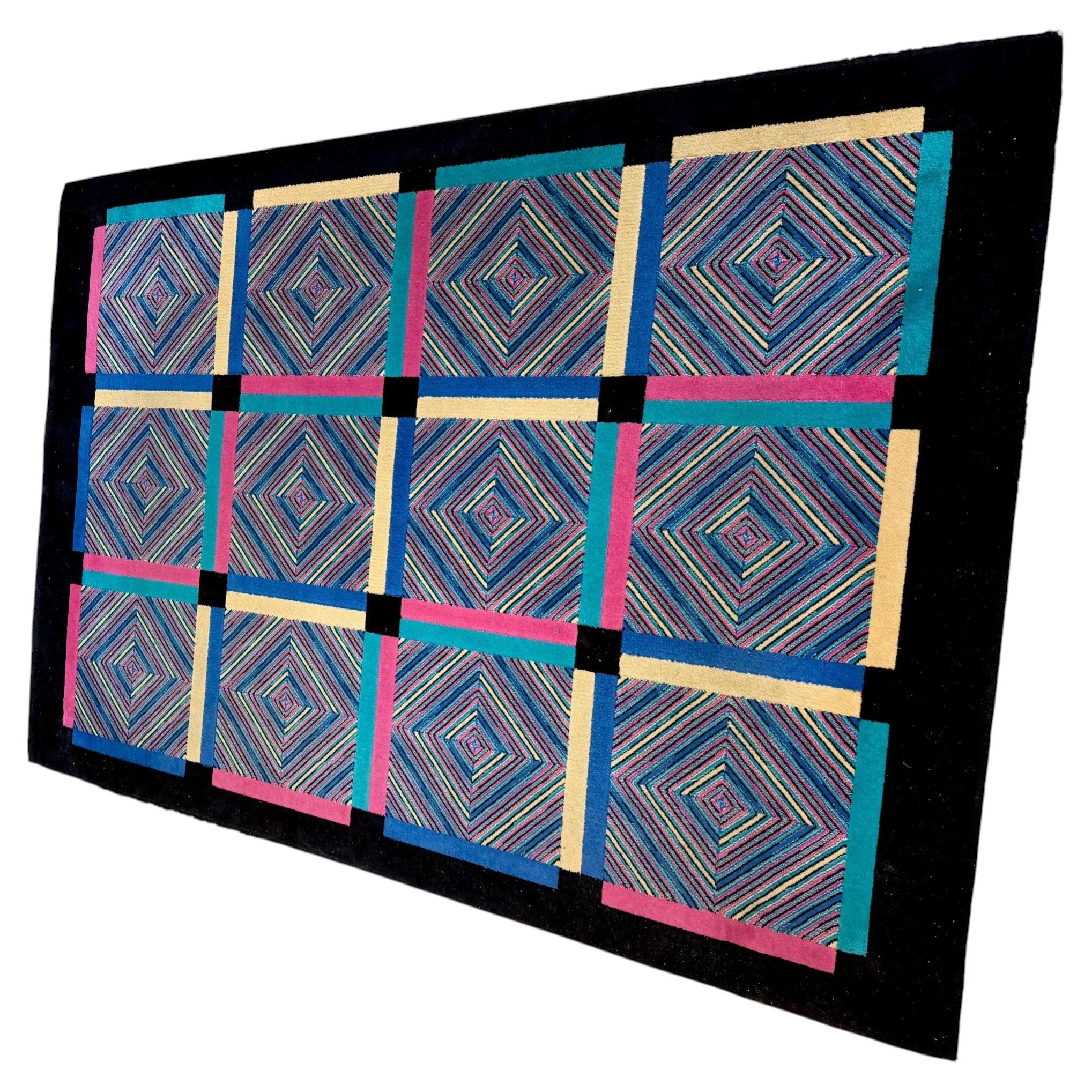 Rectangular Black and Colorful Wool Carpet by Missoni, Italy 1980s For Sale
