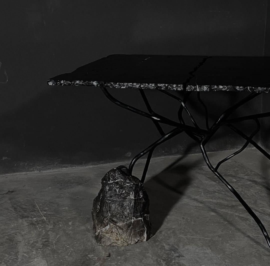 Other Rectangular Black Marble Table with Irregular Branch & Stone by Andres Monnier For Sale