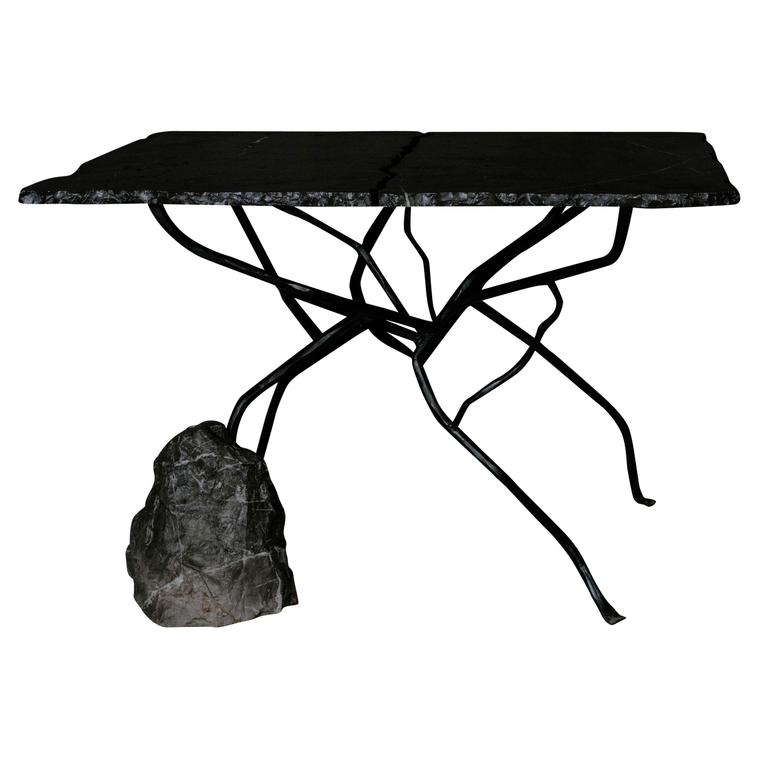 Rectangular Black Marble Table with Irregular Branch & Stone by Andres Monnier
