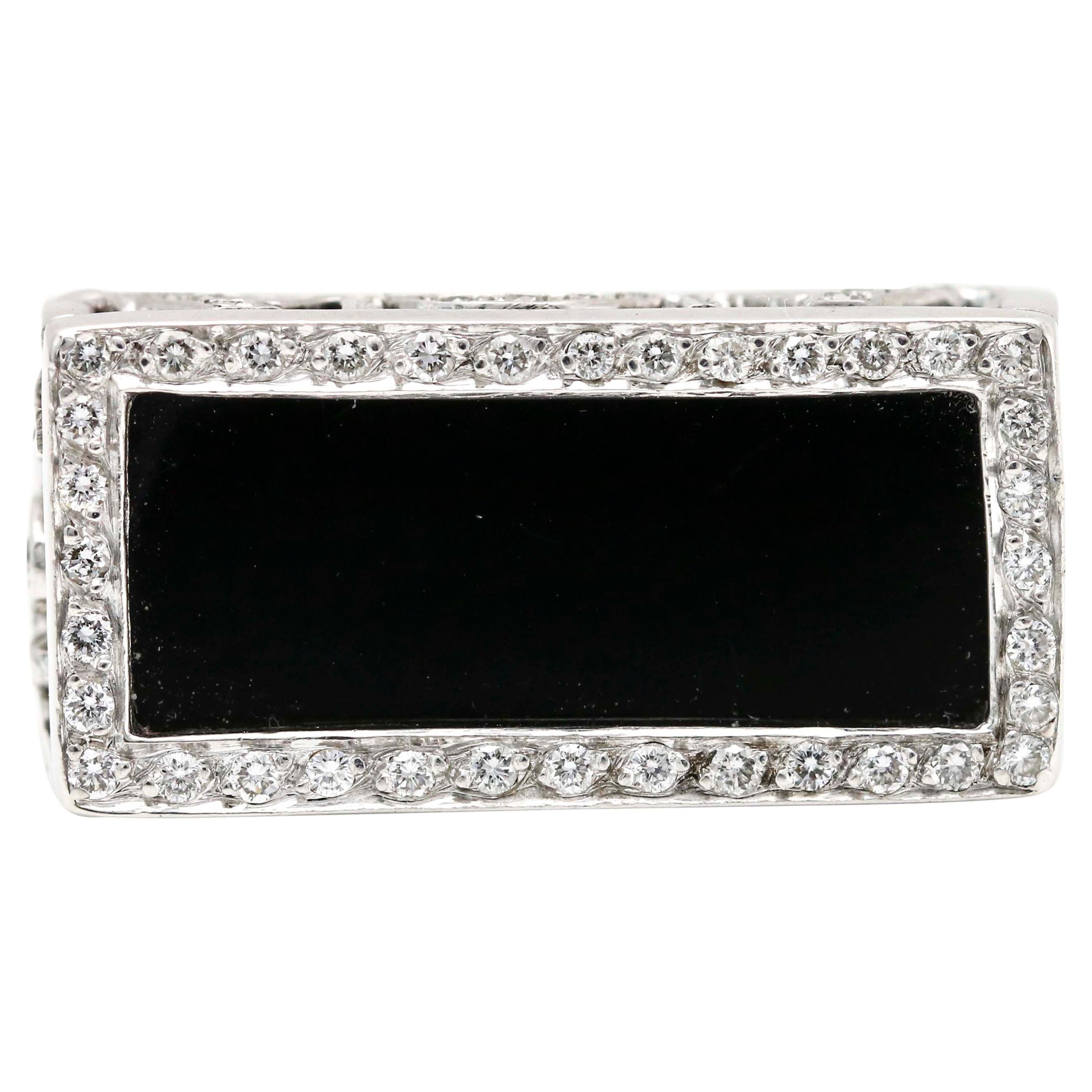 Rectangular Black Onyx 18 Karat White Gold Ring with Diamonds For Sale