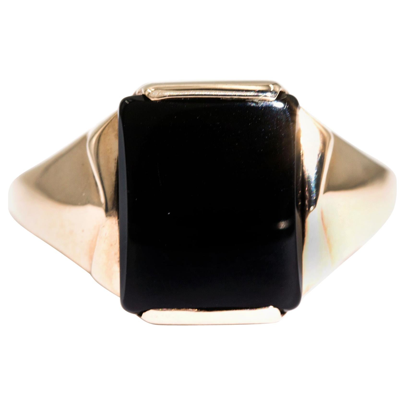 Rectangular Black Onyx 9 Carat Yellow Gold Mens Vintage Signet Ring