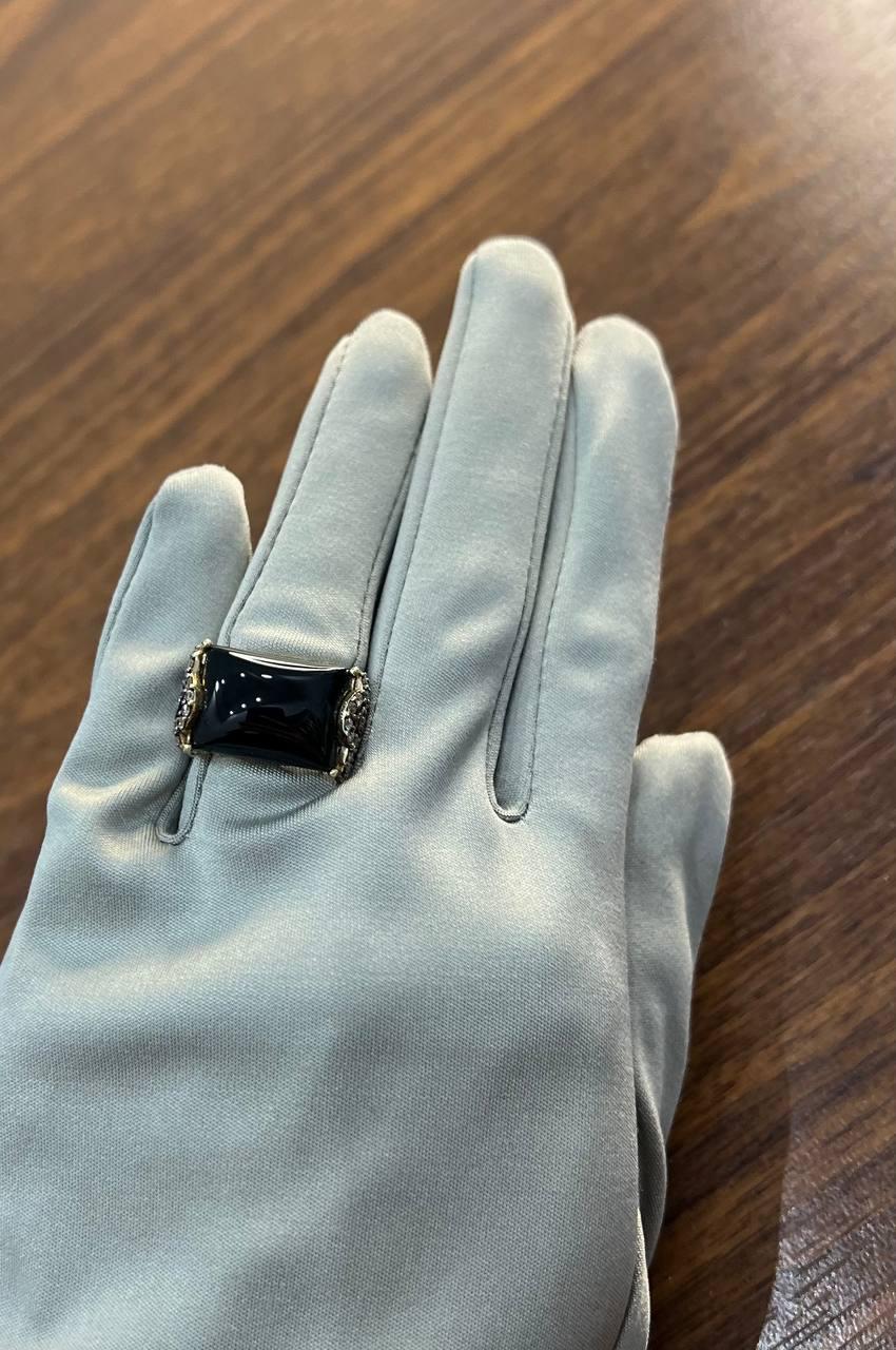 Rectangular Black Onyx Center White Diamonds 14K Gold Floral Cocktail Ring For Sale 6