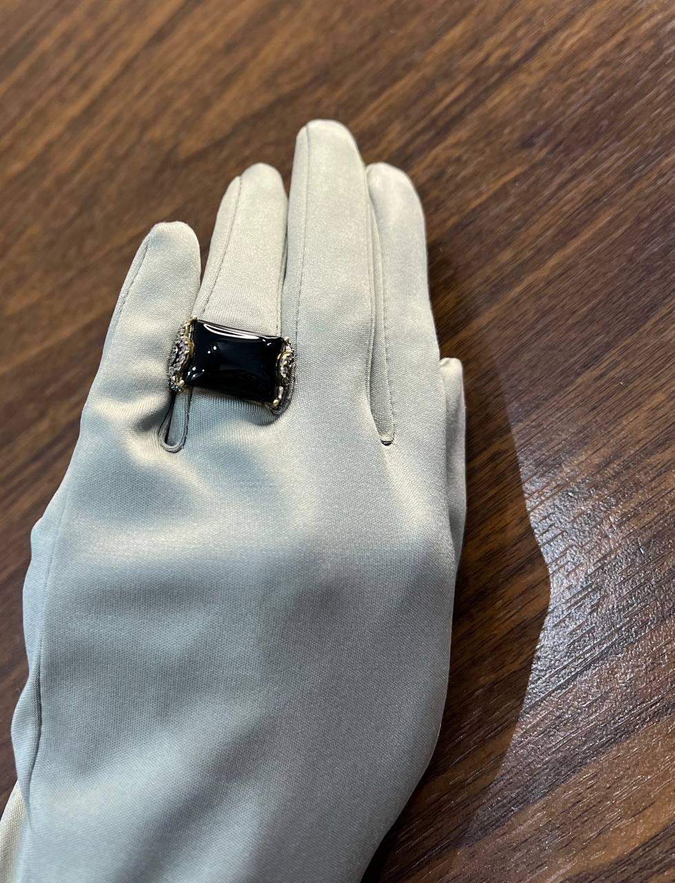 Rectangular Black Onyx Center White Diamonds 14K Gold Floral Cocktail Ring For Sale 8