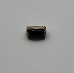 Rectangular Black Onyx Center White Diamonds 14K Gold Floral Cocktail Ring