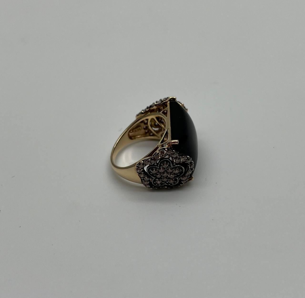 Mixed Cut Rectangular Black Onyx Center White Diamonds 14K Gold Floral Cocktail Ring For Sale
