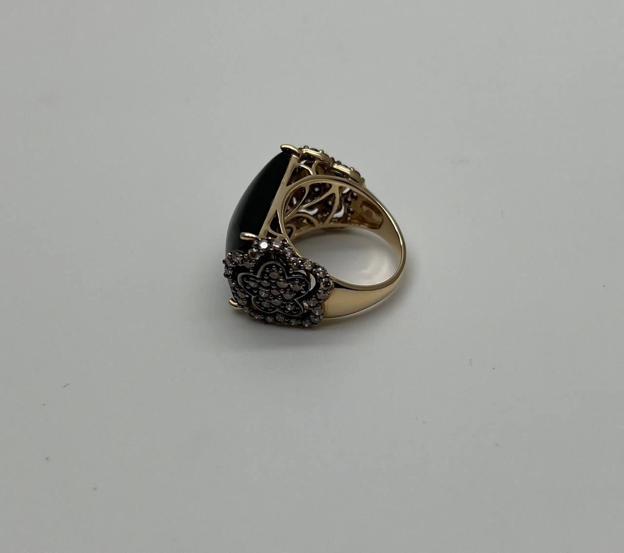 Rectangular Black Onyx Center White Diamonds 14K Gold Floral Cocktail Ring In New Condition For Sale In Oakton, VA