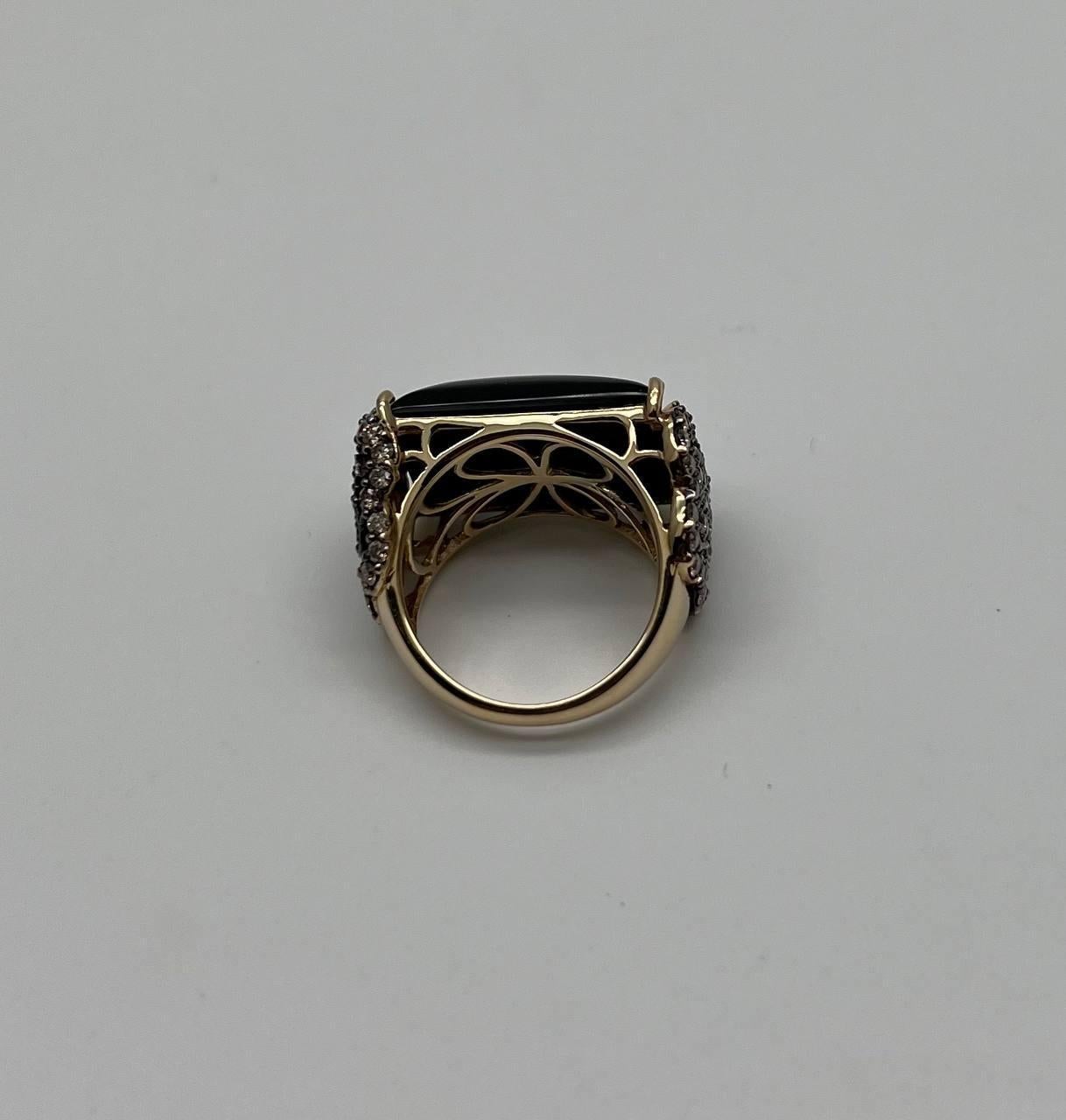 Women's Rectangular Black Onyx Center White Diamonds 14K Gold Floral Cocktail Ring For Sale