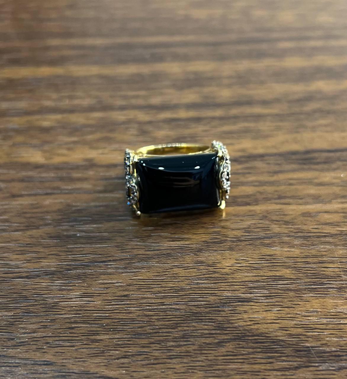 Rectangular Black Onyx Center White Diamonds 14K Gold Floral Cocktail Ring For Sale 1