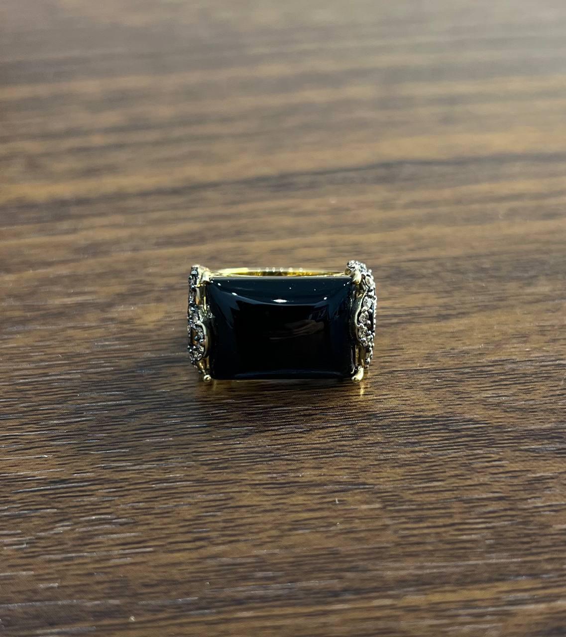 Rectangular Black Onyx Center White Diamonds 14K Gold Floral Cocktail Ring For Sale 2