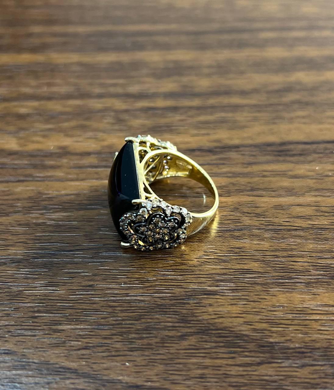 Rectangular Black Onyx Center White Diamonds 14K Gold Floral Cocktail Ring For Sale 3