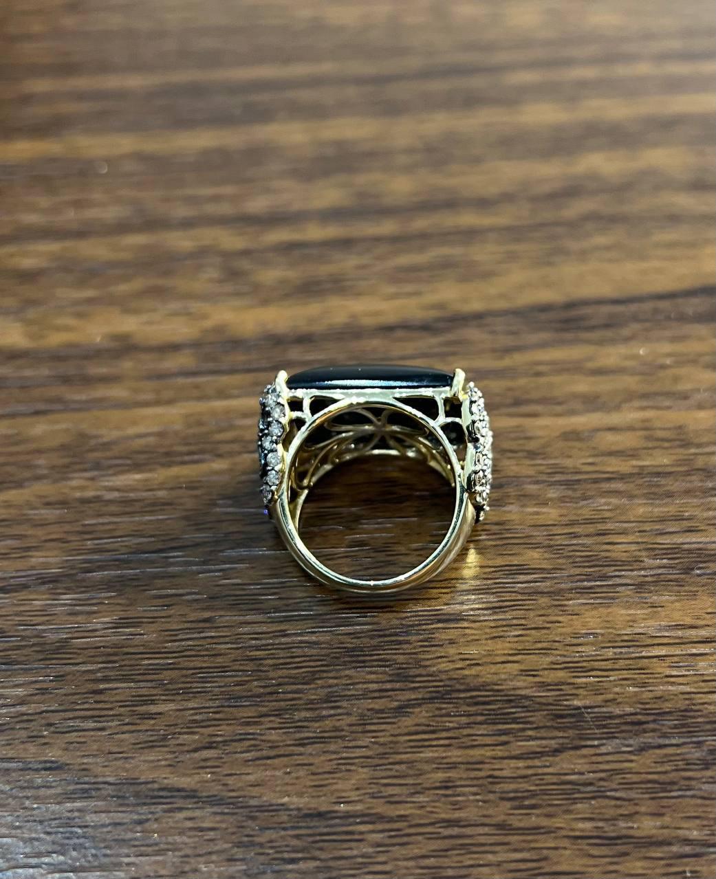 Rectangular Black Onyx Center White Diamonds 14K Gold Floral Cocktail Ring For Sale 4